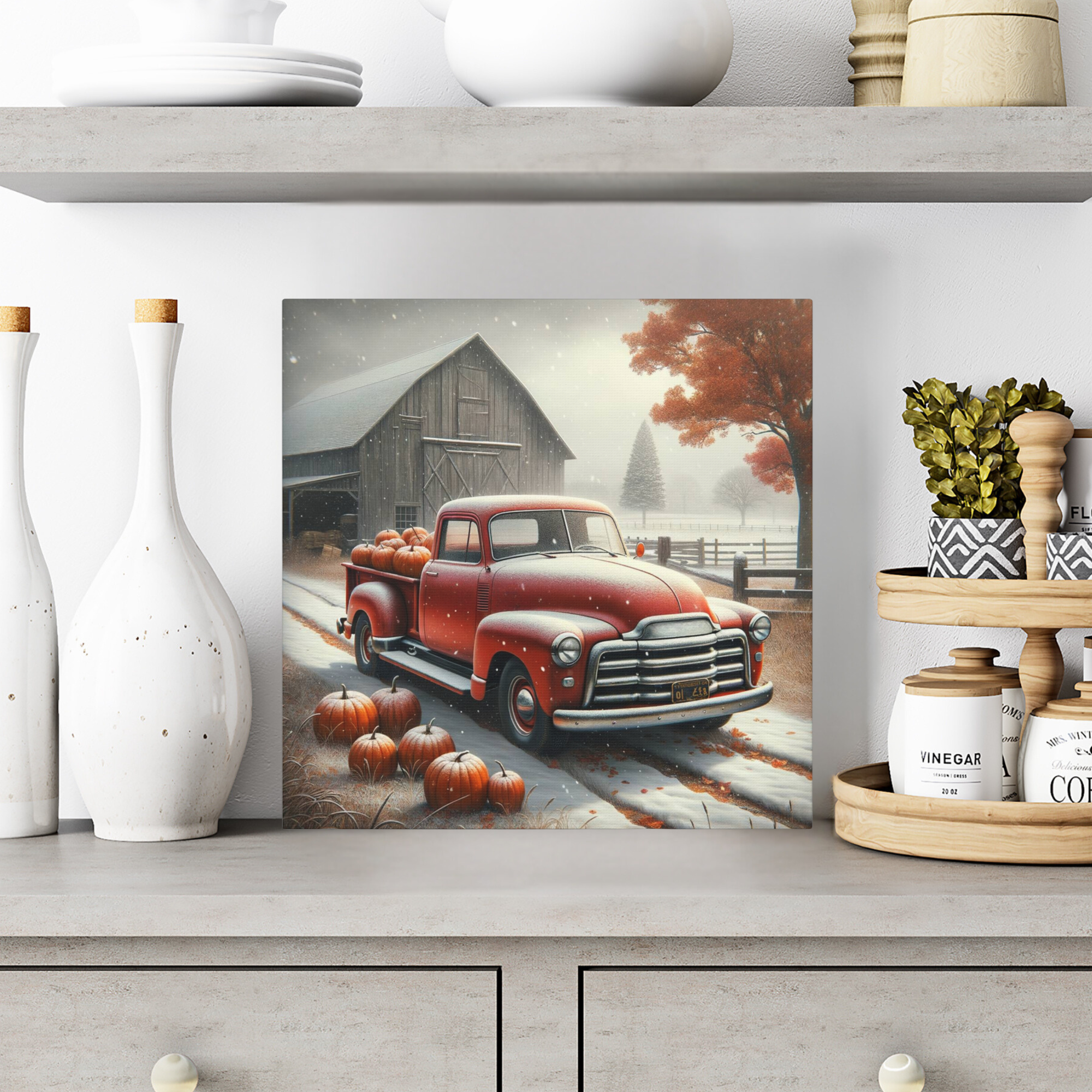 Vintage Red Truck With Pumpkins in Snow – Farmhouse Fall Wall Art
