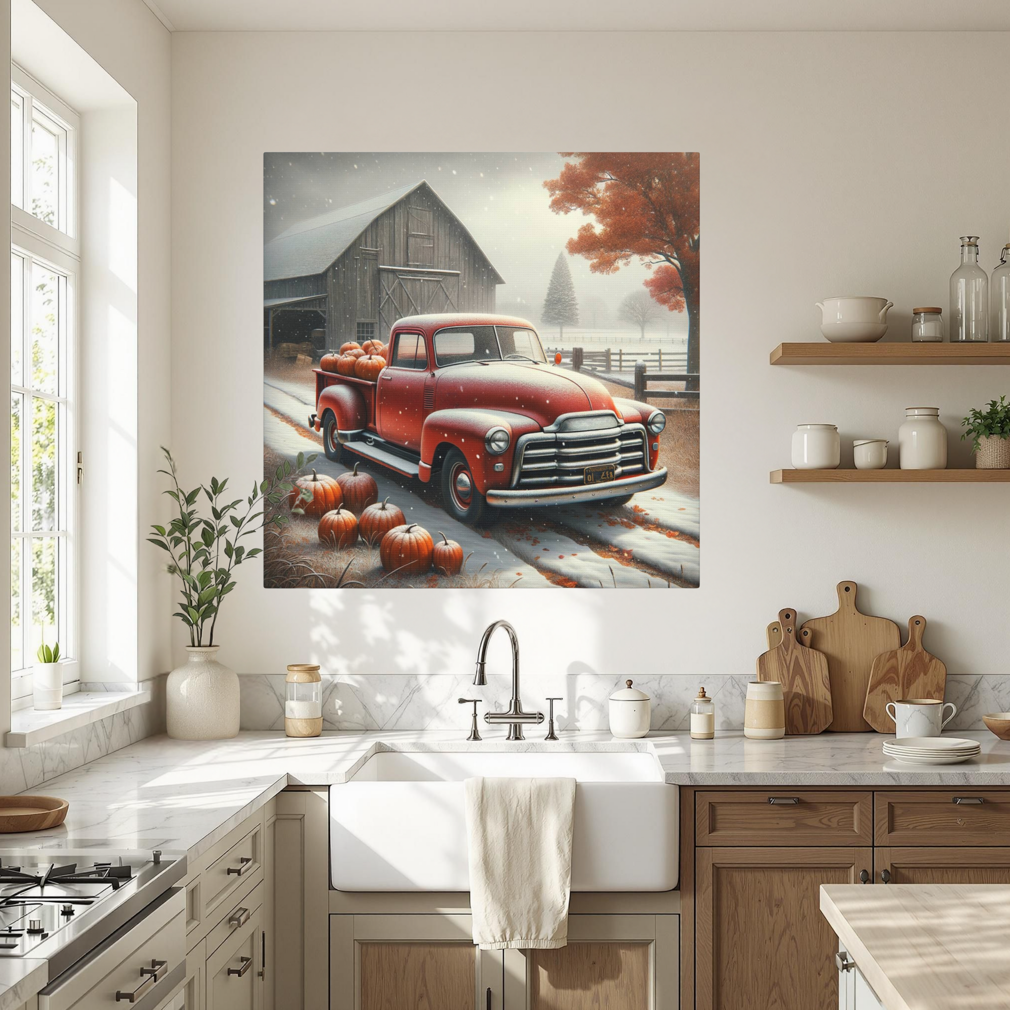 Vintage Red Truck With Pumpkins in Snow – Farmhouse Fall Wall Art