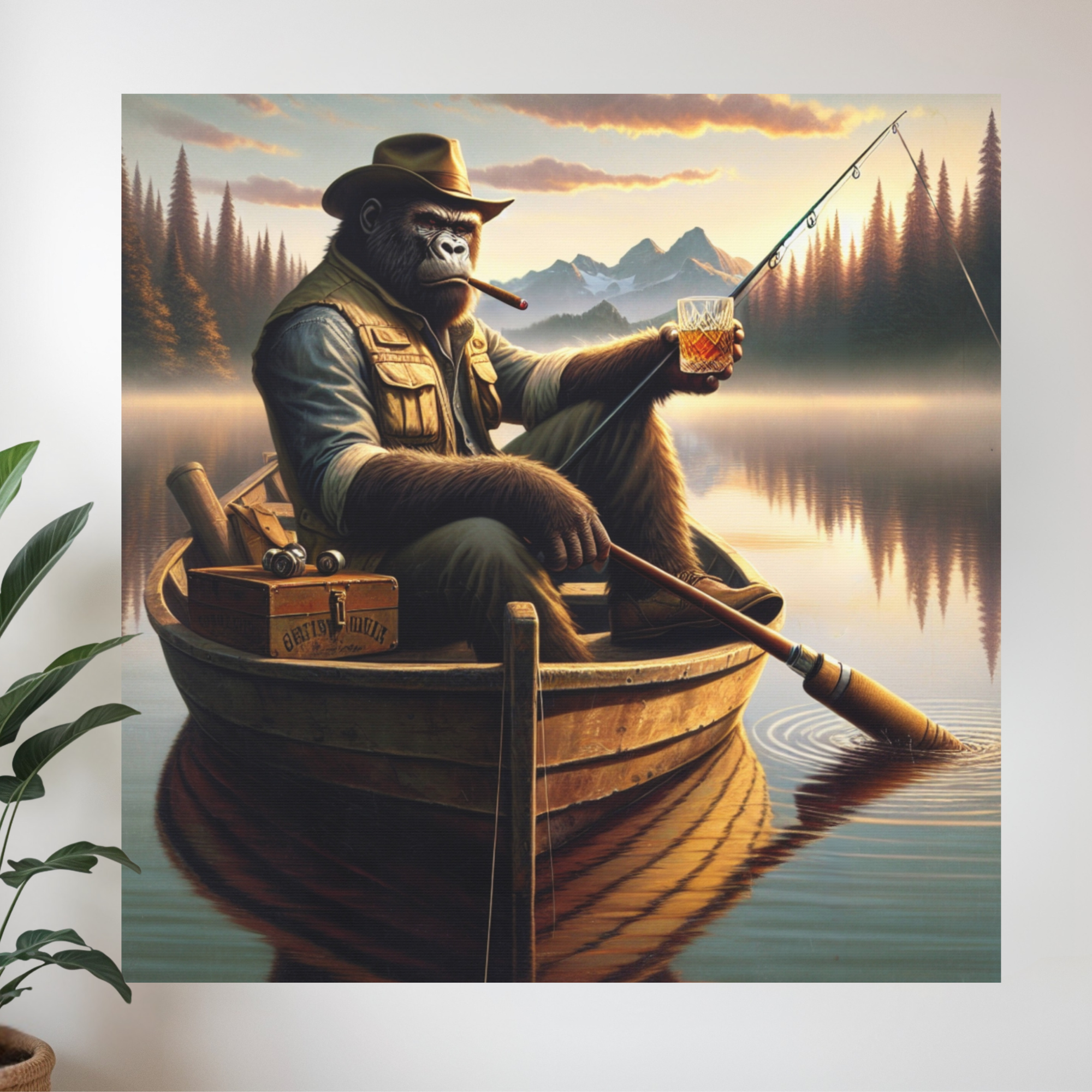 Gorilla Fisherman with Whiskey – Rustic Cabin Wall Art