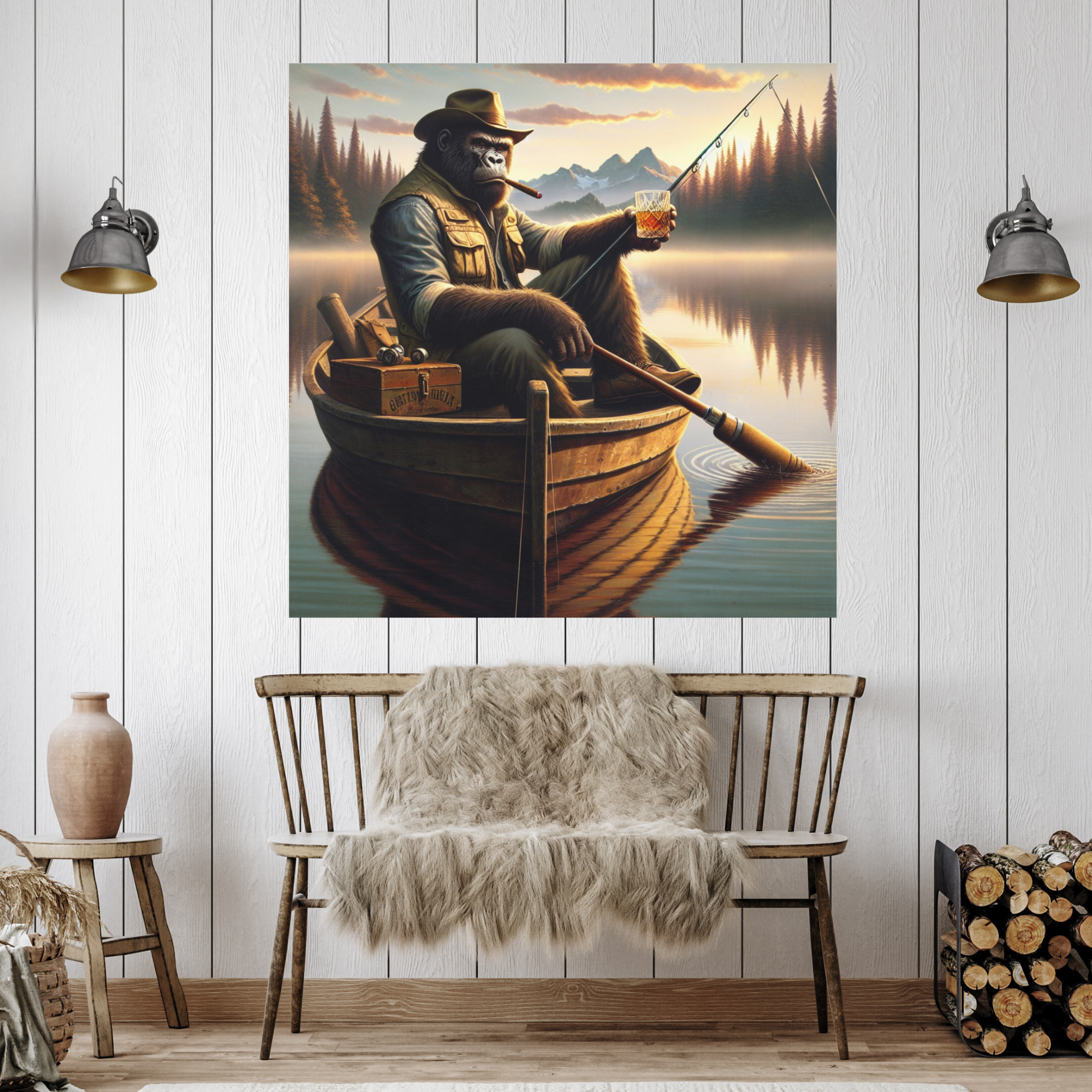 Gorilla Fisherman with Whiskey – Rustic Cabin Wall Art