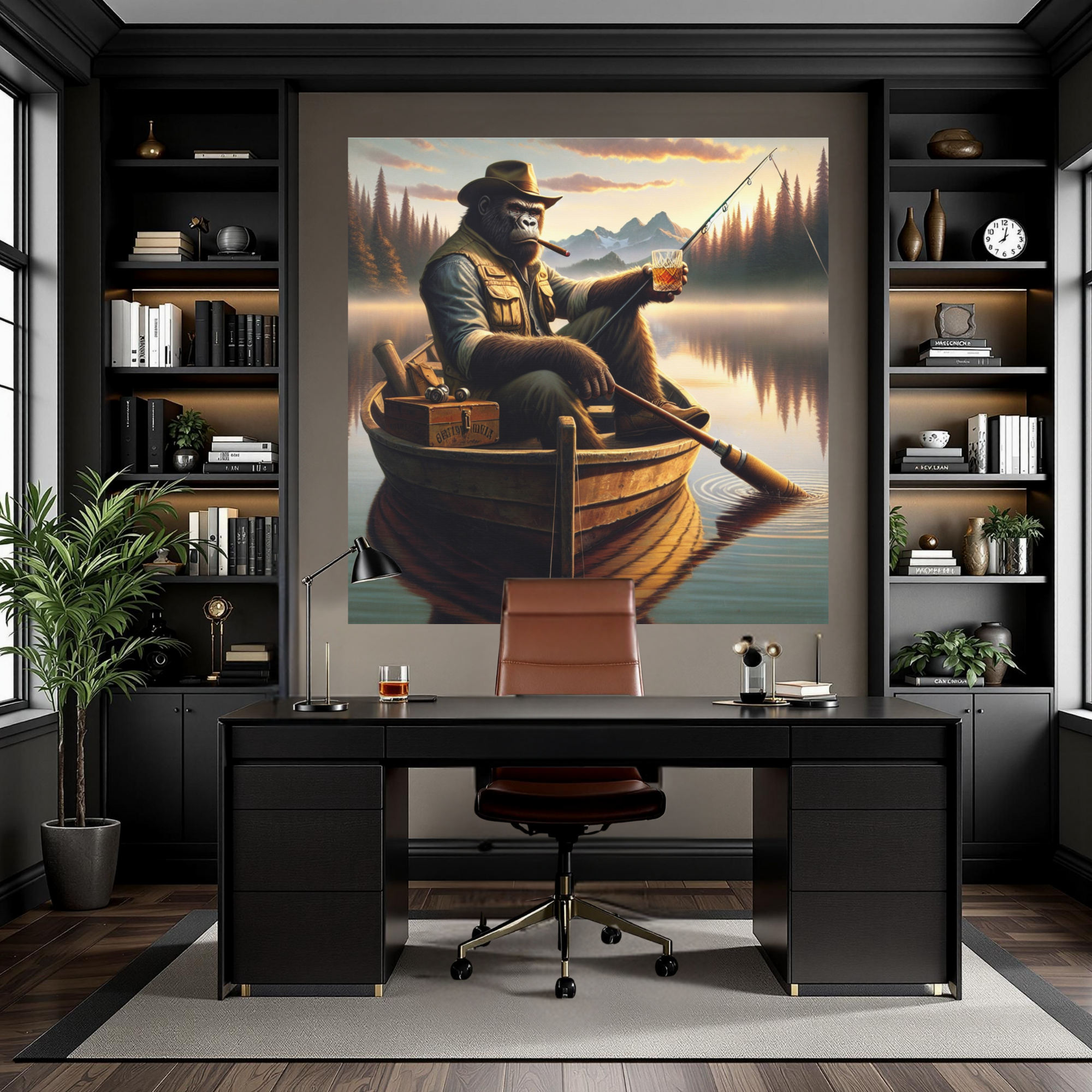 Gorilla Fisherman with Whiskey – Rustic Cabin Wall Art