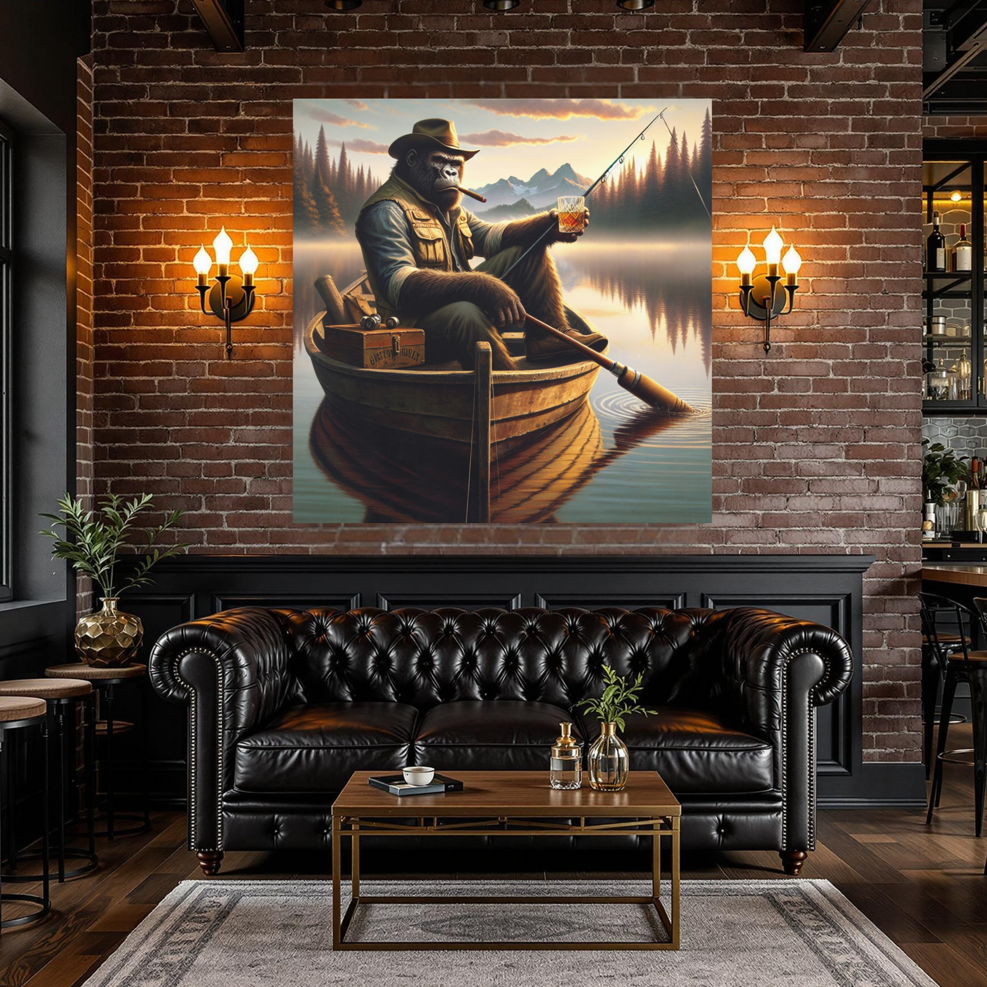 Gorilla Fisherman with Whiskey – Rustic Cabin Wall Art