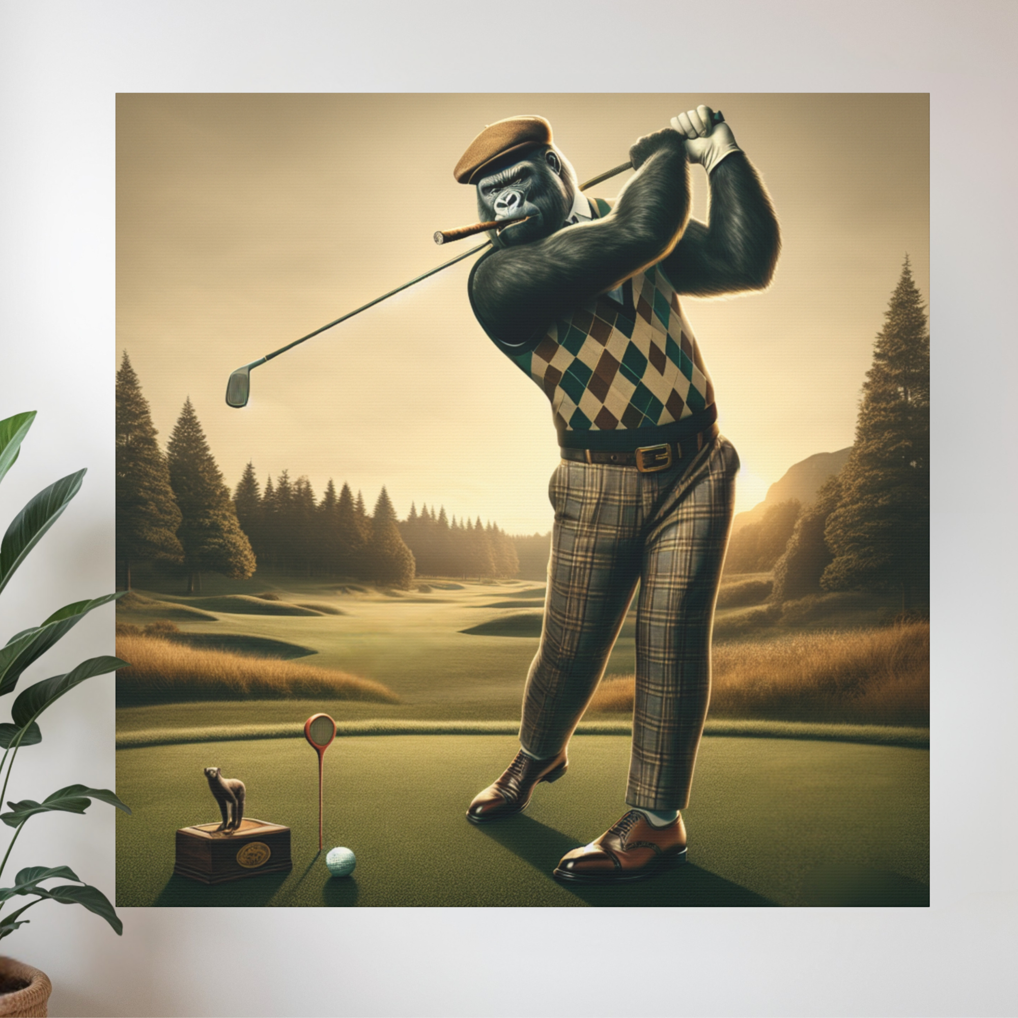 Gorilla Golfer in Plaid – Humorous Golf Wall Art