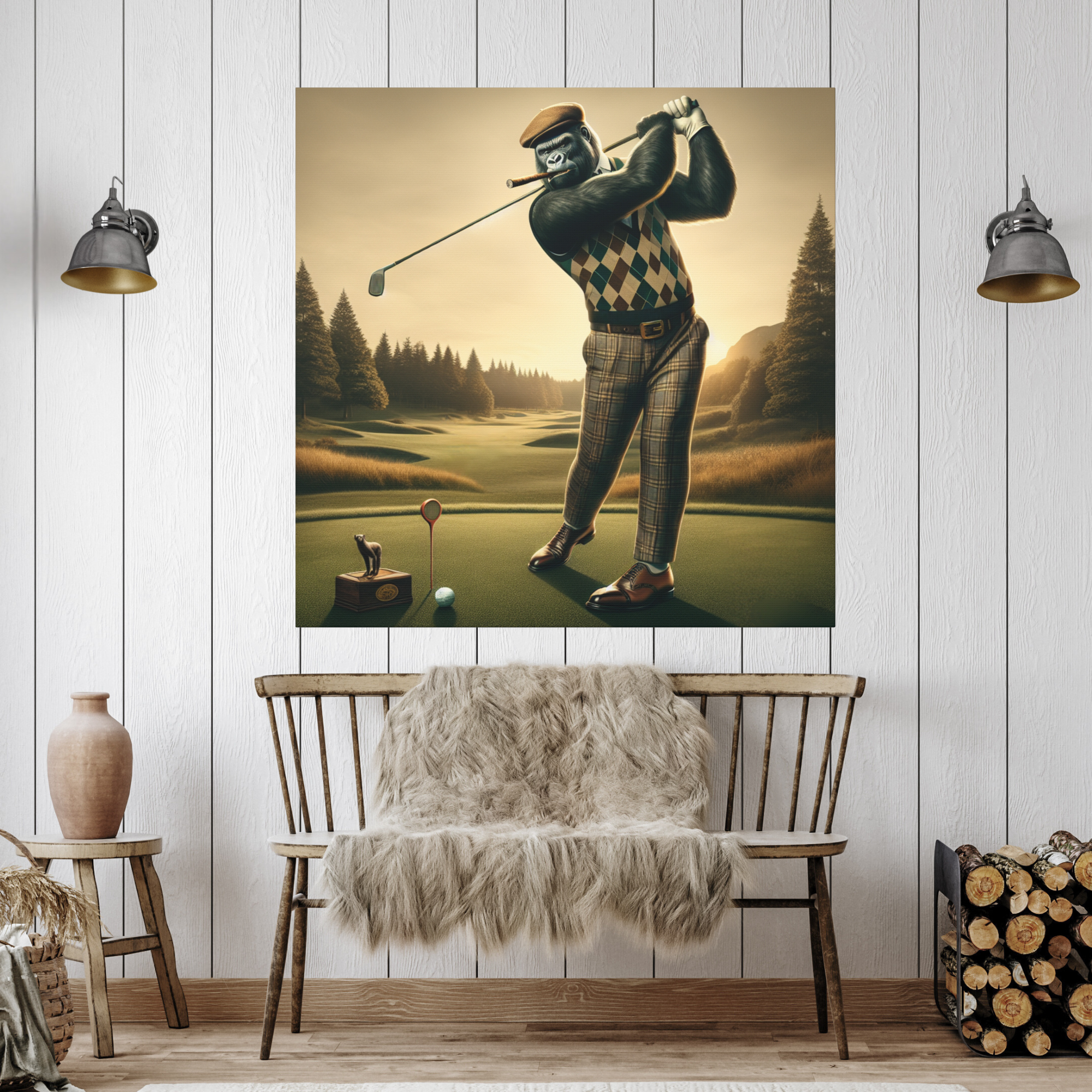 Gorilla Golfer in Plaid – Humorous Golf Wall Art