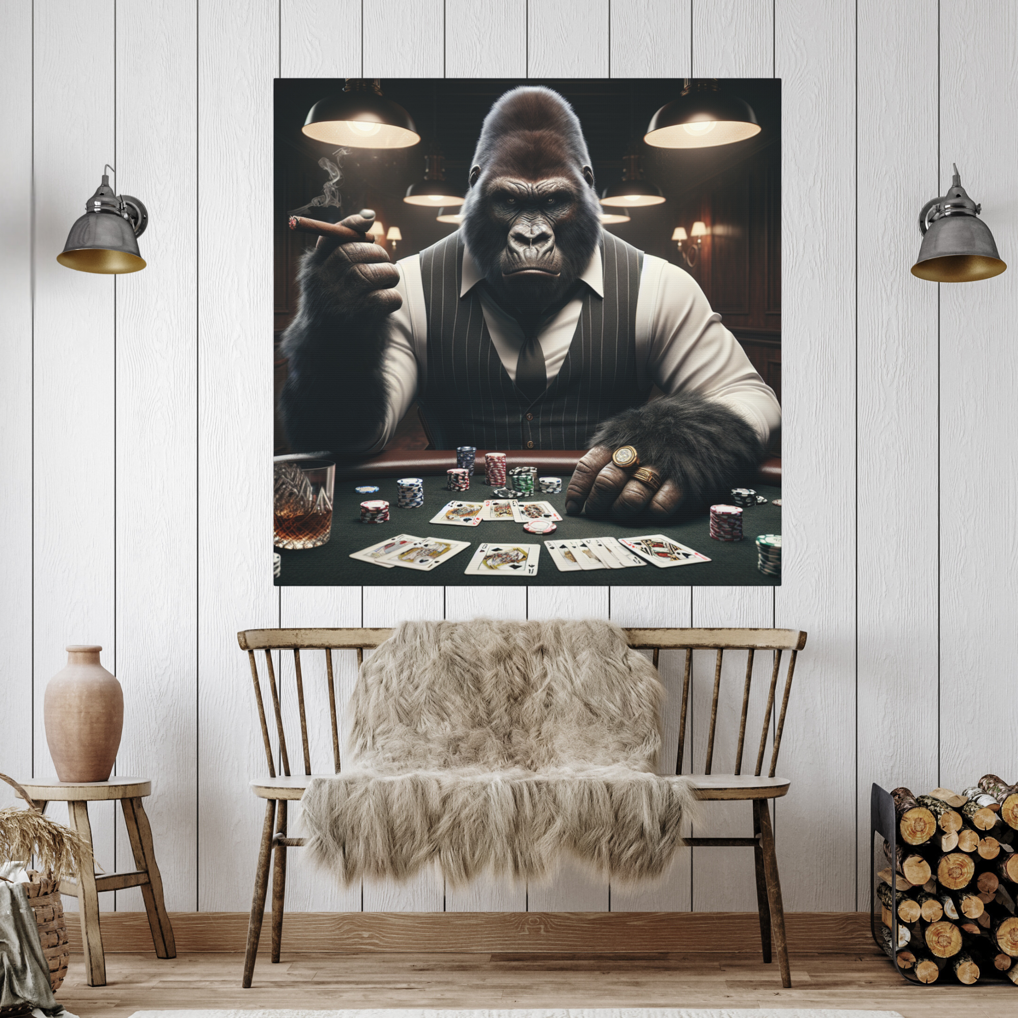 Poker Gorilla in Pinstripes – Casino Wall Art for Men