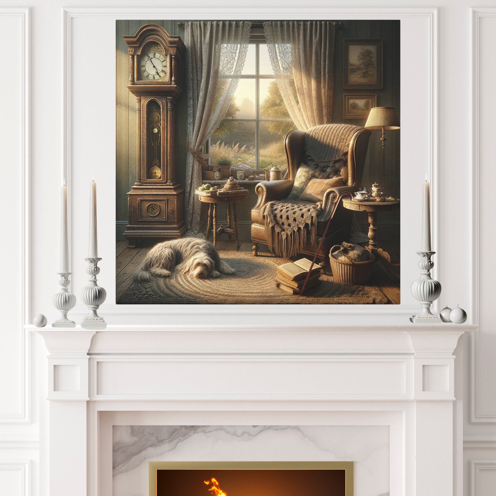 Cozy Corner With Dog and Grandfather Clock – Cottagecore Wall Art