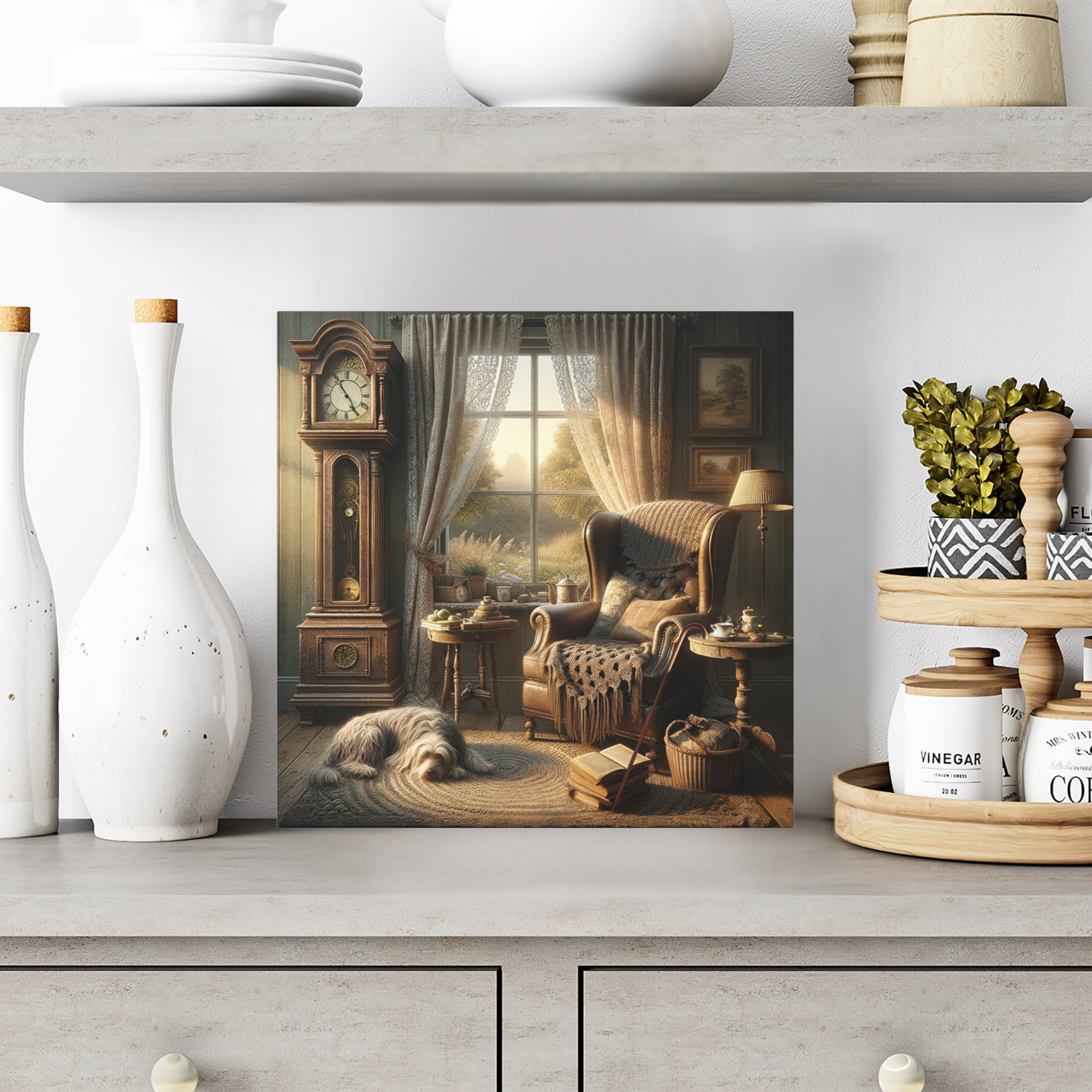 Cozy Corner With Dog and Grandfather Clock – Cottagecore Wall Art