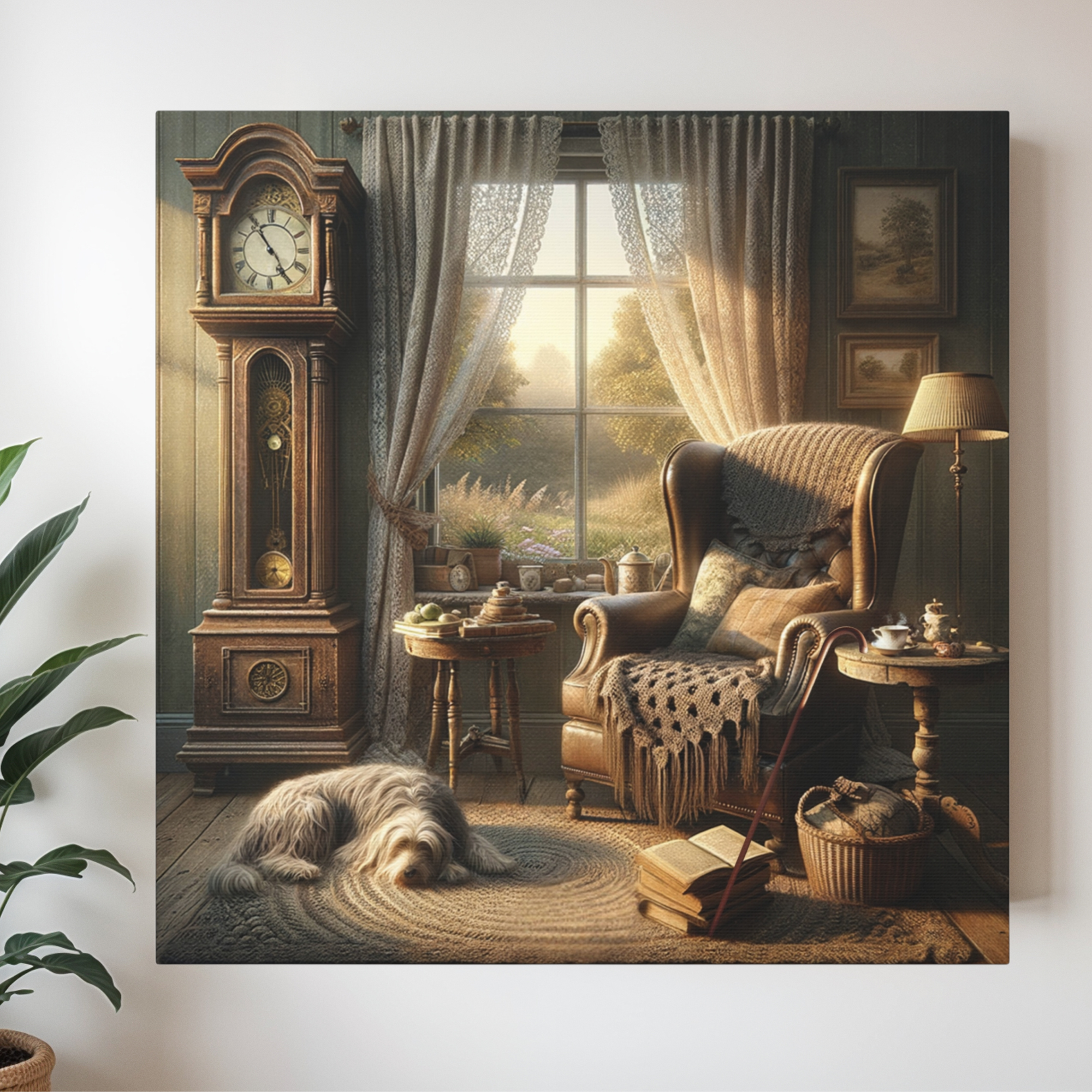 Cozy Corner With Dog and Grandfather Clock – Cottagecore Wall Art