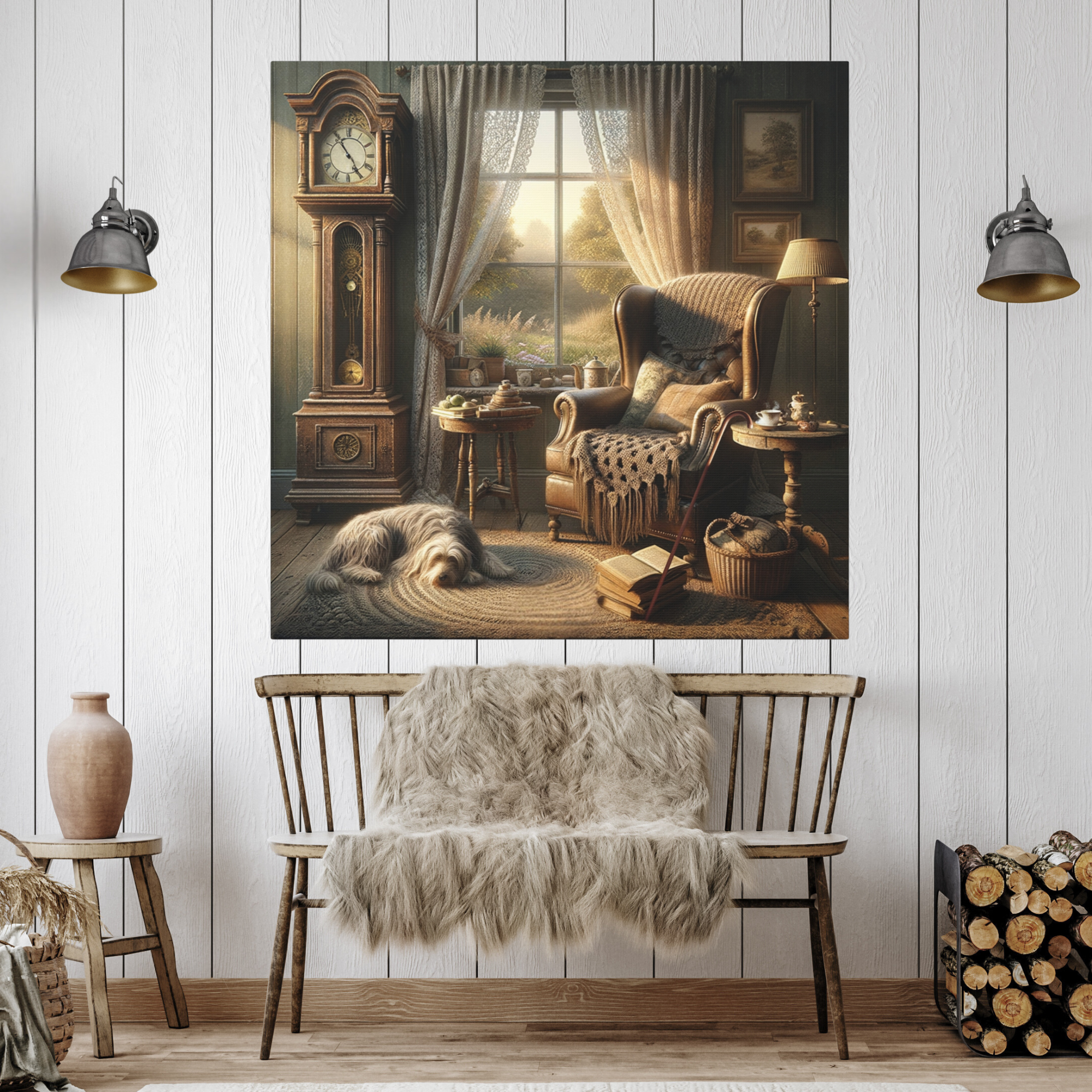 Cozy Corner With Dog and Grandfather Clock – Cottagecore Wall Art