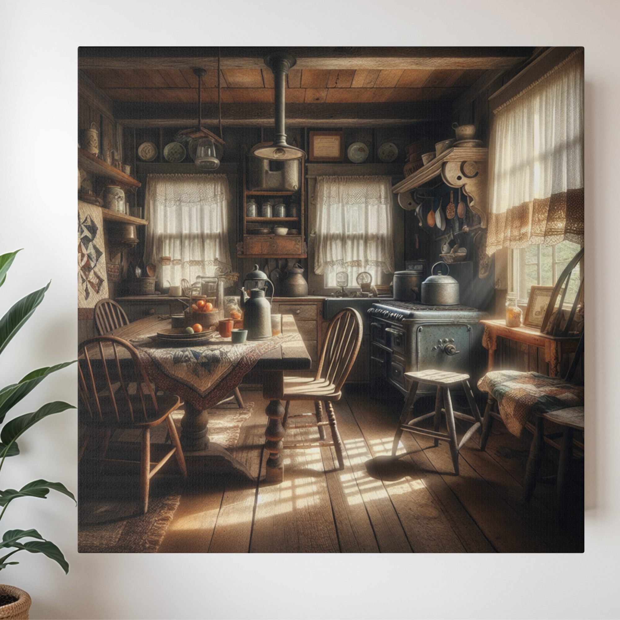 Rustic Country Kitchen With Morning Sunlight – Vintage Farmhouse Wall Art