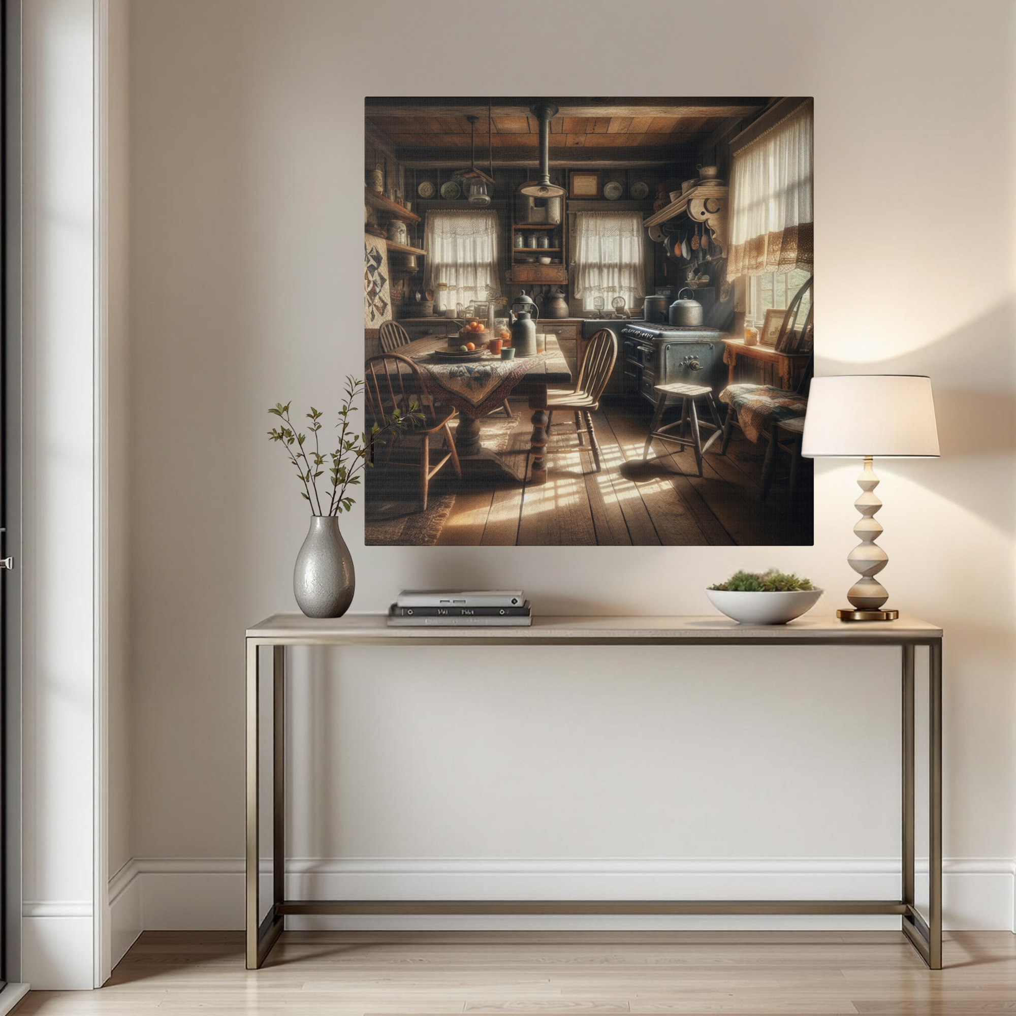 Rustic Country Kitchen With Morning Sunlight – Vintage Farmhouse Wall Art