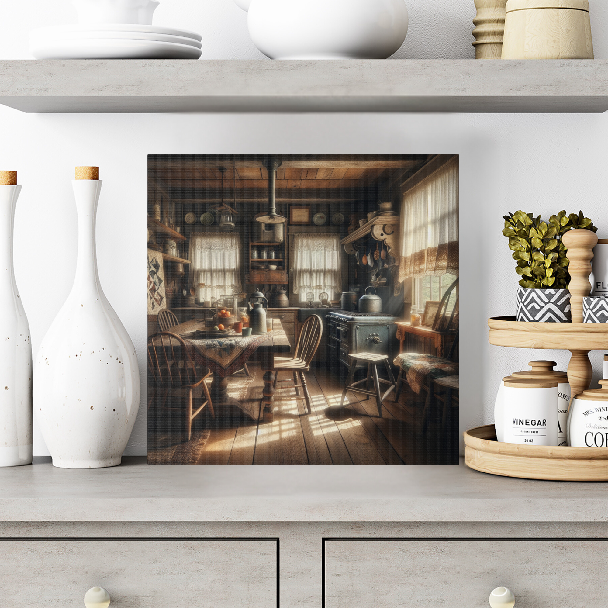 Rustic Country Kitchen With Morning Sunlight – Vintage Farmhouse Wall Art