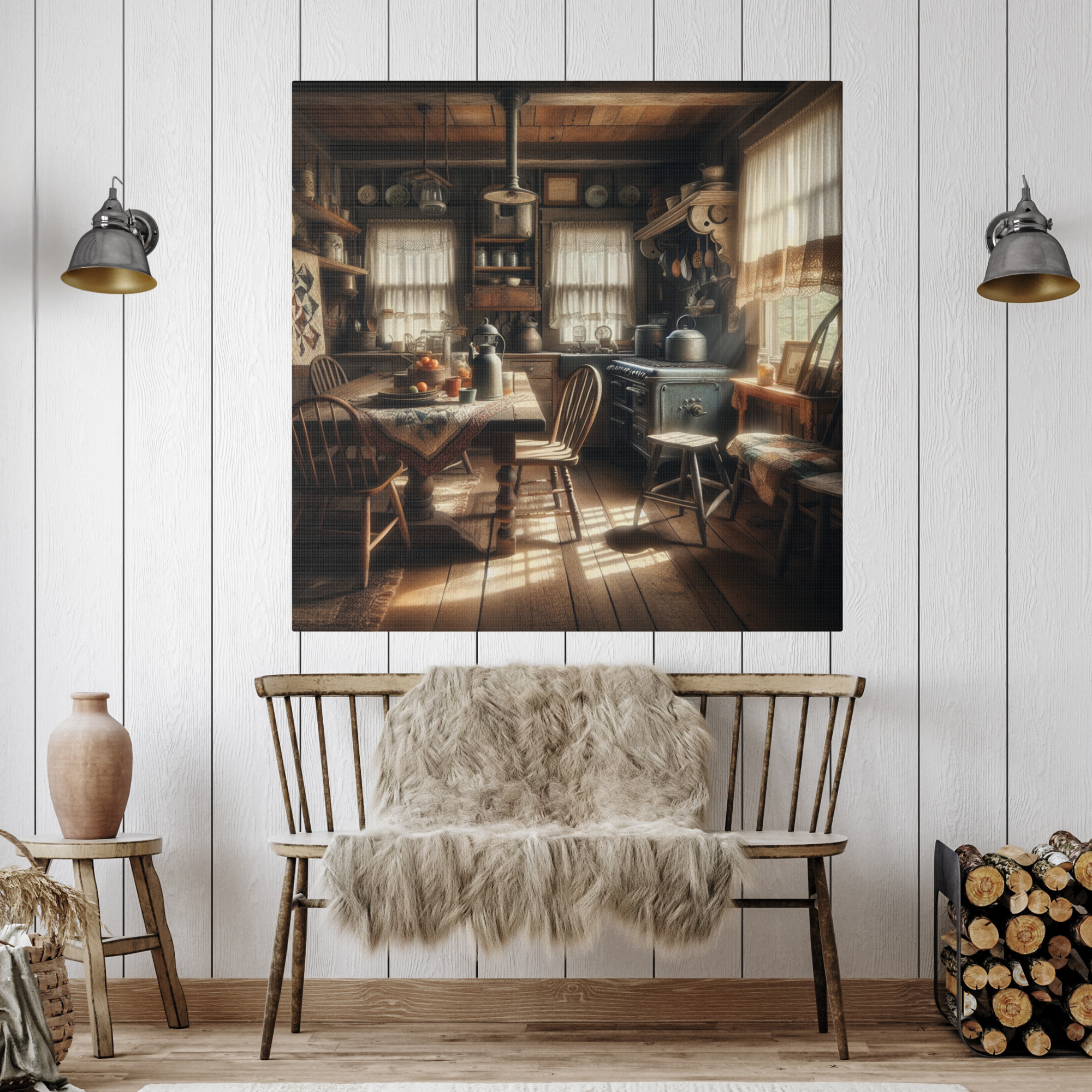 Rustic Country Kitchen With Morning Sunlight – Vintage Farmhouse Wall Art