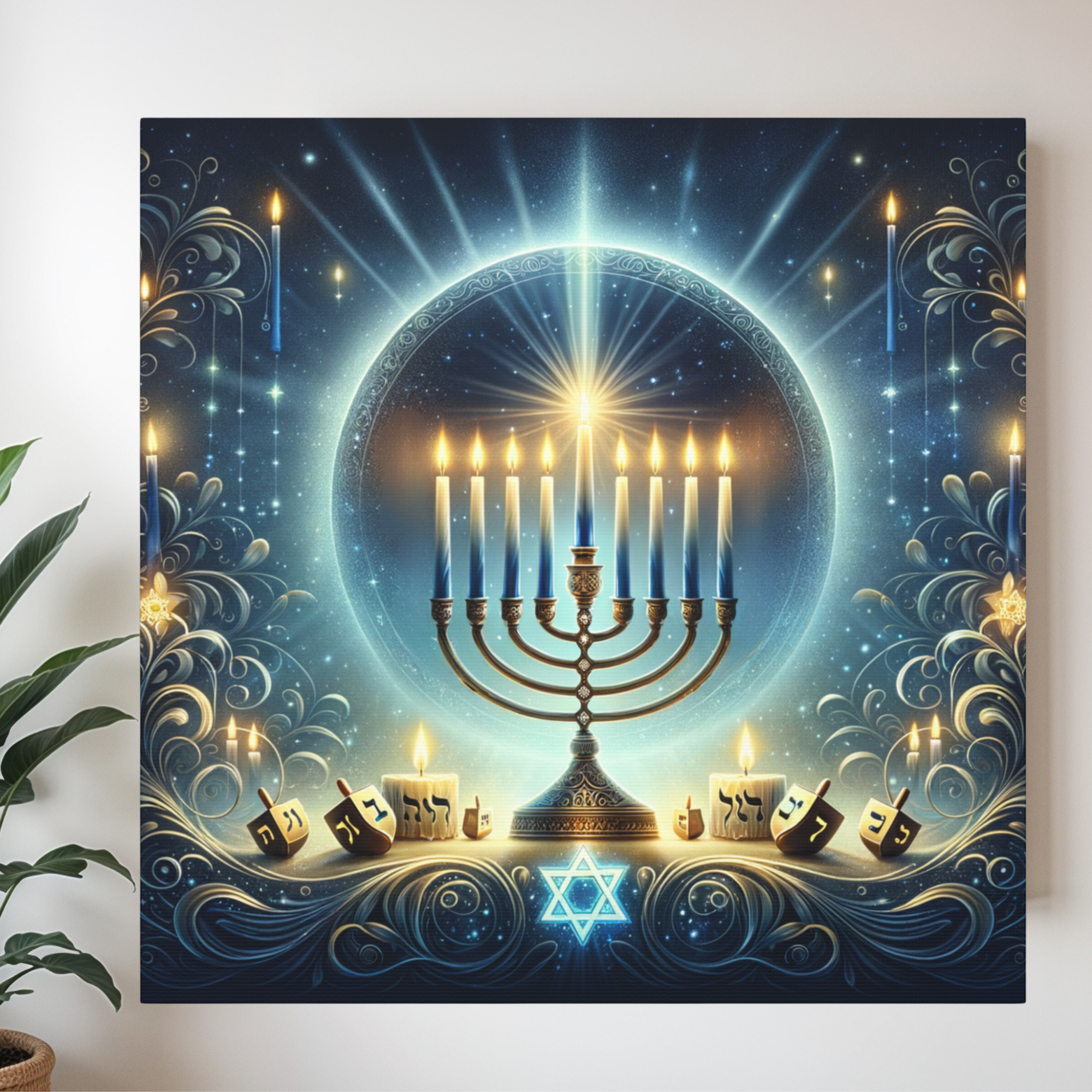 Radiant Hanukkah Menorah With Glowing Dreidels – Jewish Holiday Wall Art