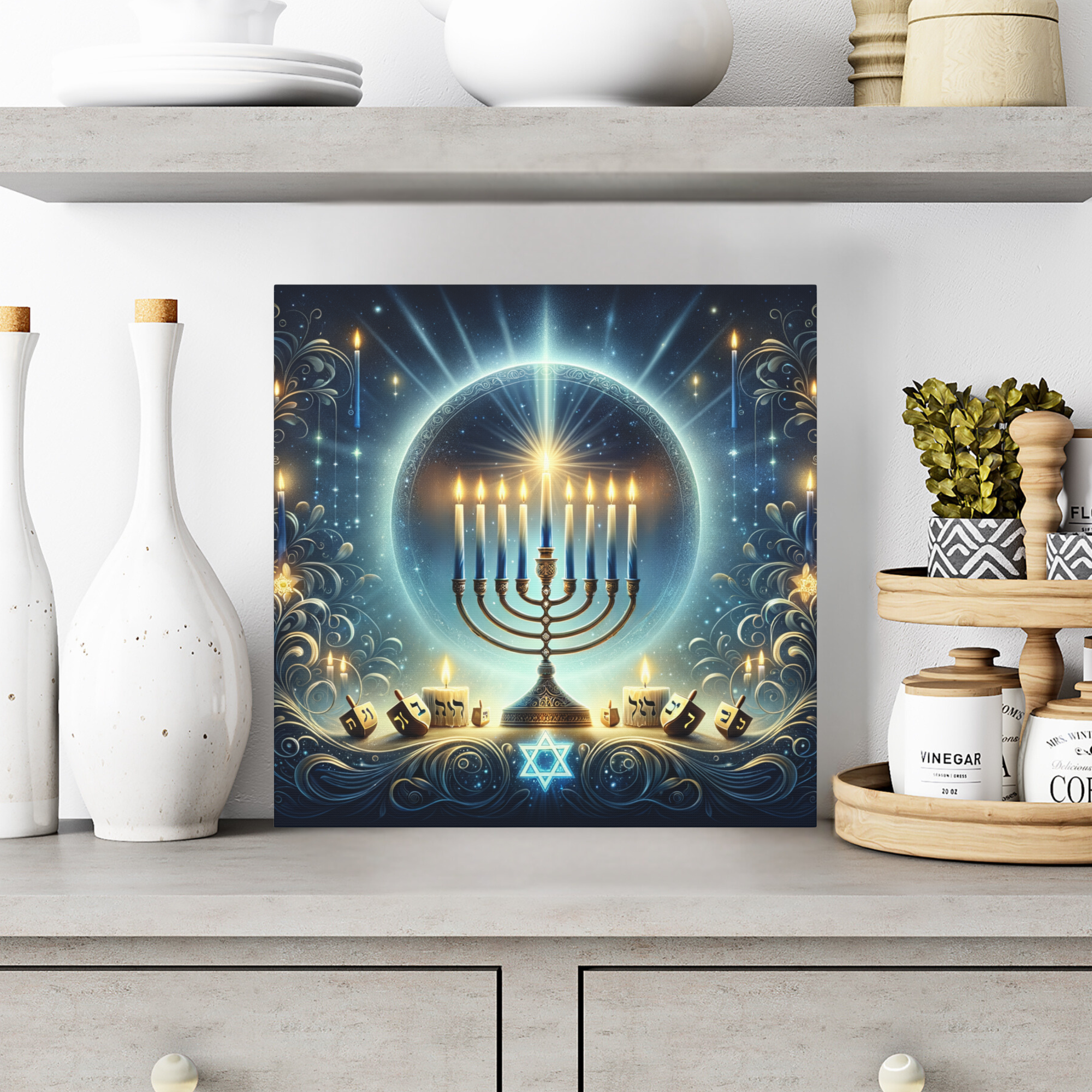 Radiant Hanukkah Menorah With Glowing Dreidels – Jewish Holiday Wall Art