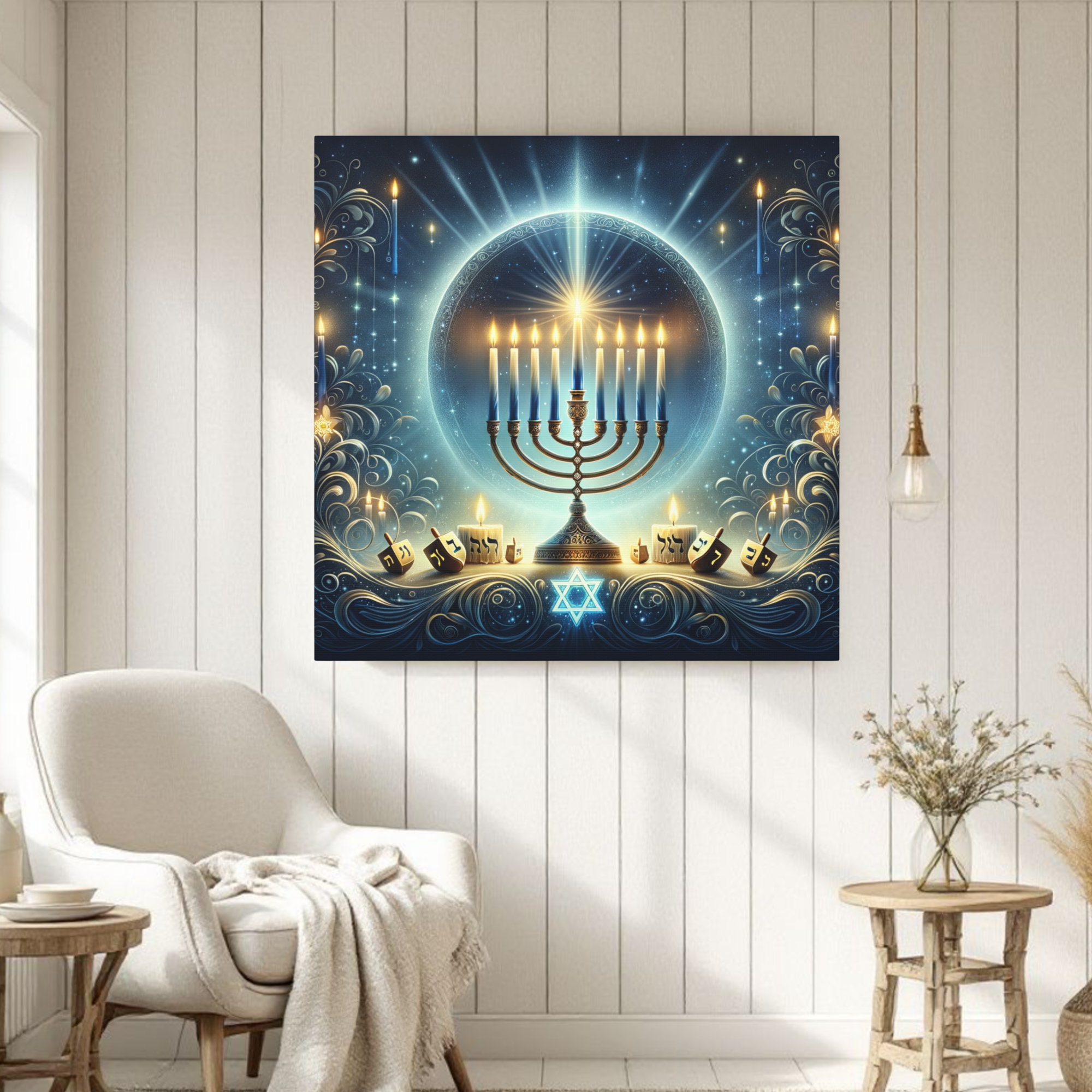 Radiant Hanukkah Menorah With Glowing Dreidels – Jewish Holiday Wall Art