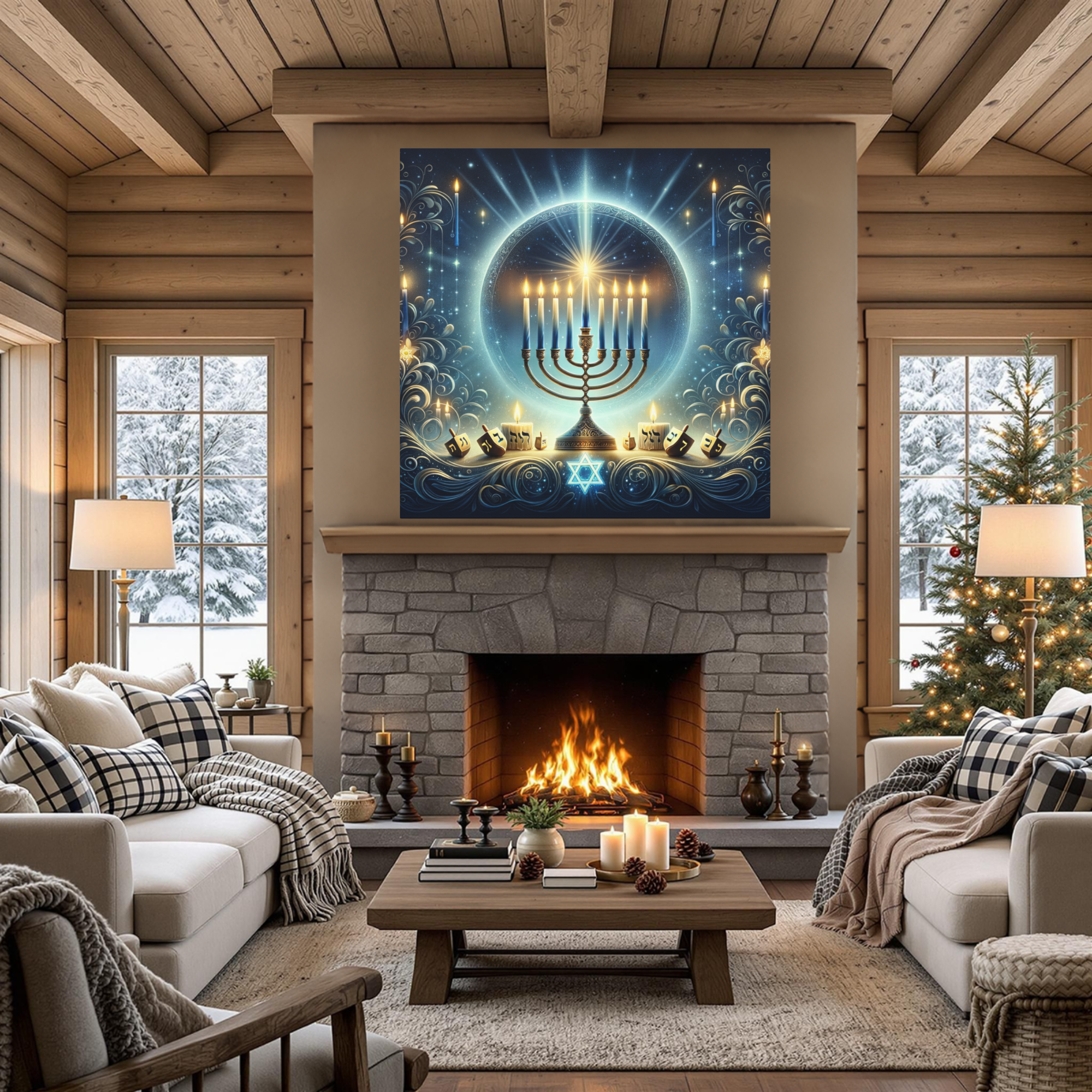 Radiant Hanukkah Menorah With Glowing Dreidels – Jewish Holiday Wall Art