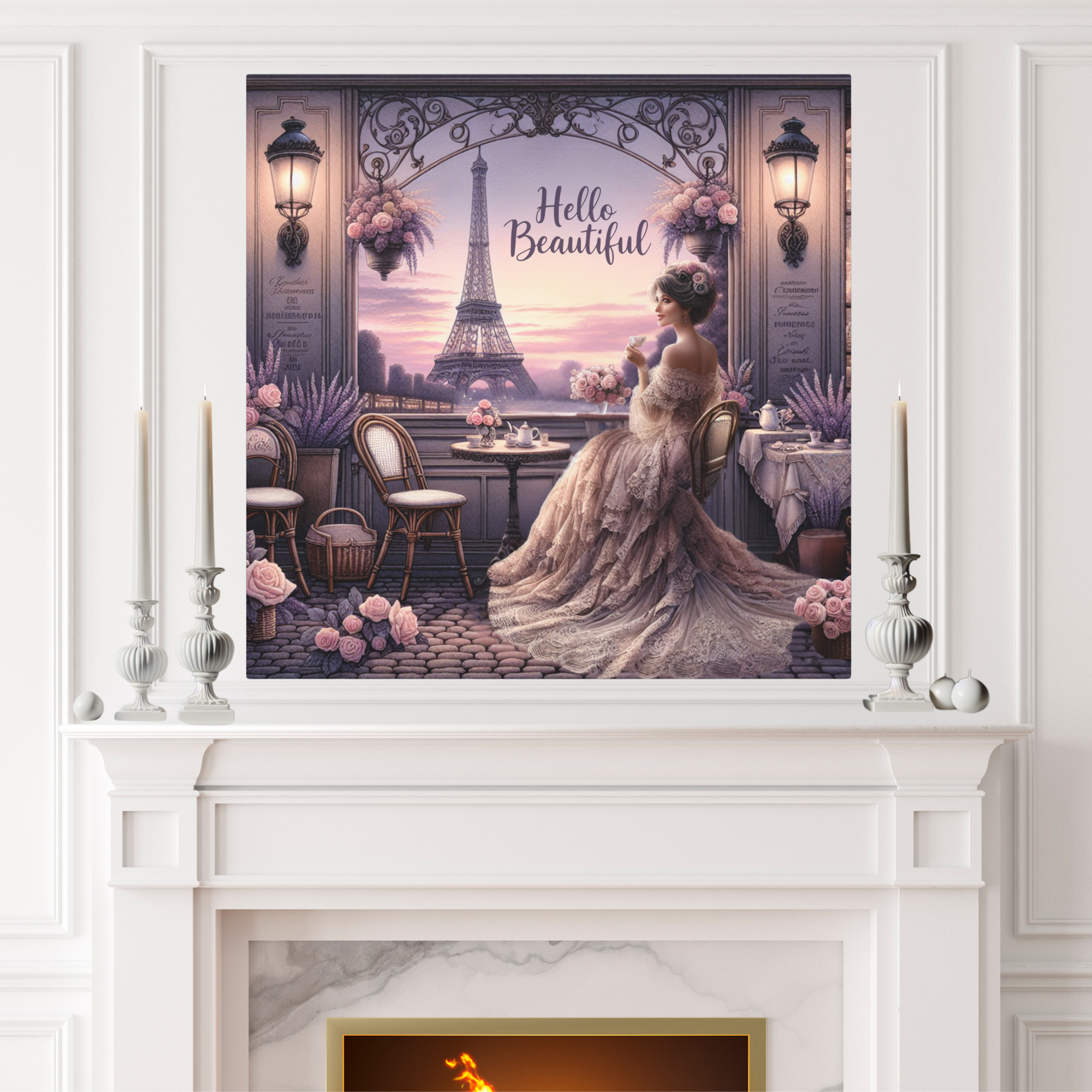 Parisian Lady at Lavender Café With Eiffel View – Romantic Hello Beautiful Wall Art