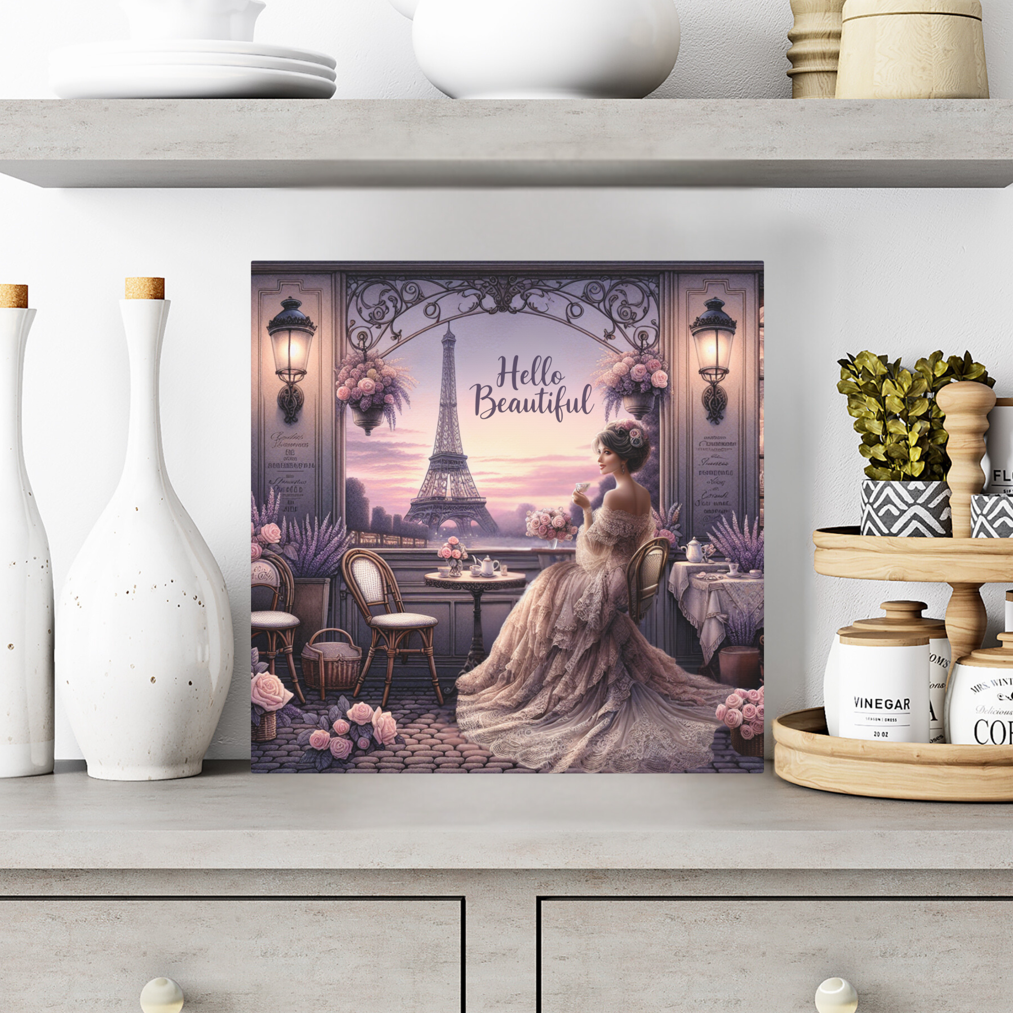 Parisian Lady at Lavender Café With Eiffel View – Romantic Hello Beautiful Wall Art