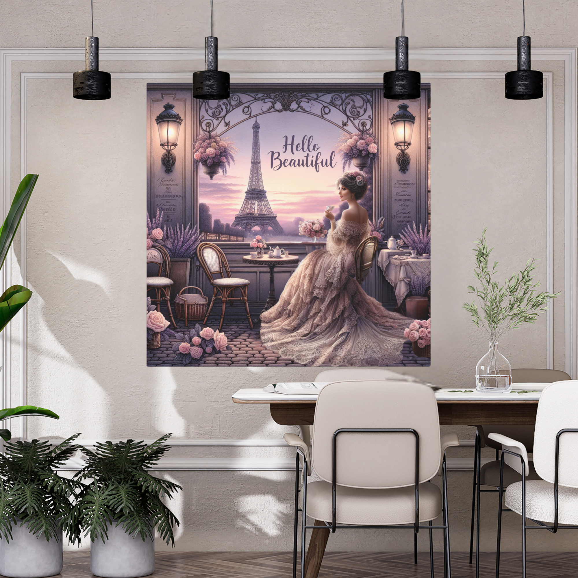 Parisian Lady at Lavender Café With Eiffel View – Romantic Hello Beautiful Wall Art