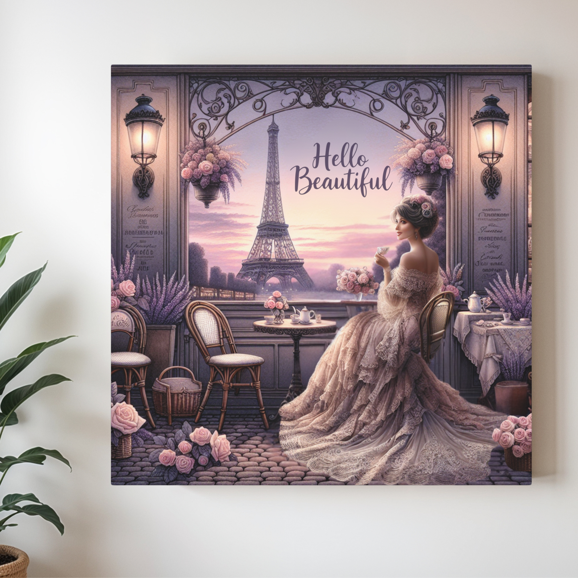 Parisian Lady at Lavender Café With Eiffel View – Romantic Hello Beautiful Wall Art