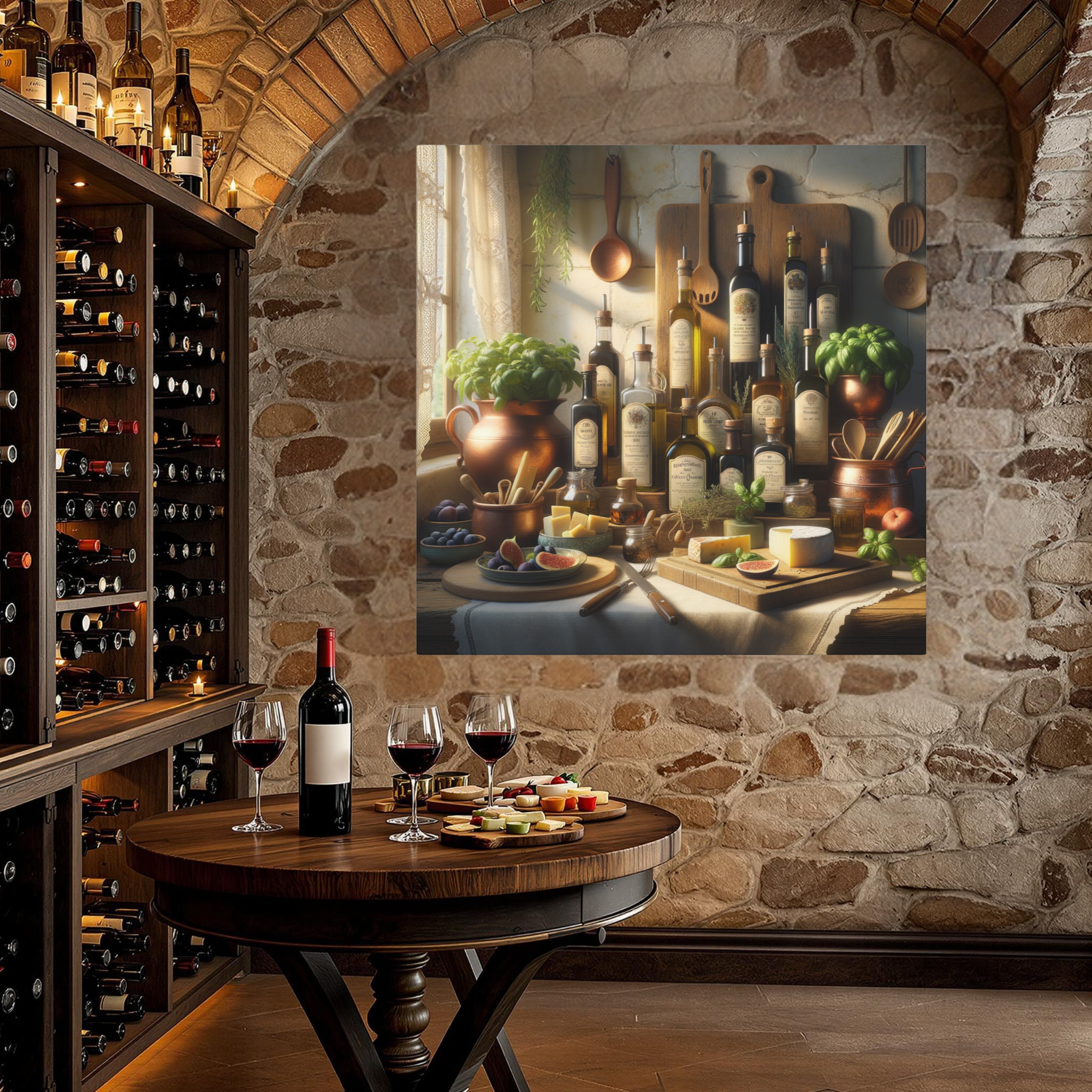 Rustic Kitchen Oils and Herbs Still Life – Vintage Culinary Wall Art