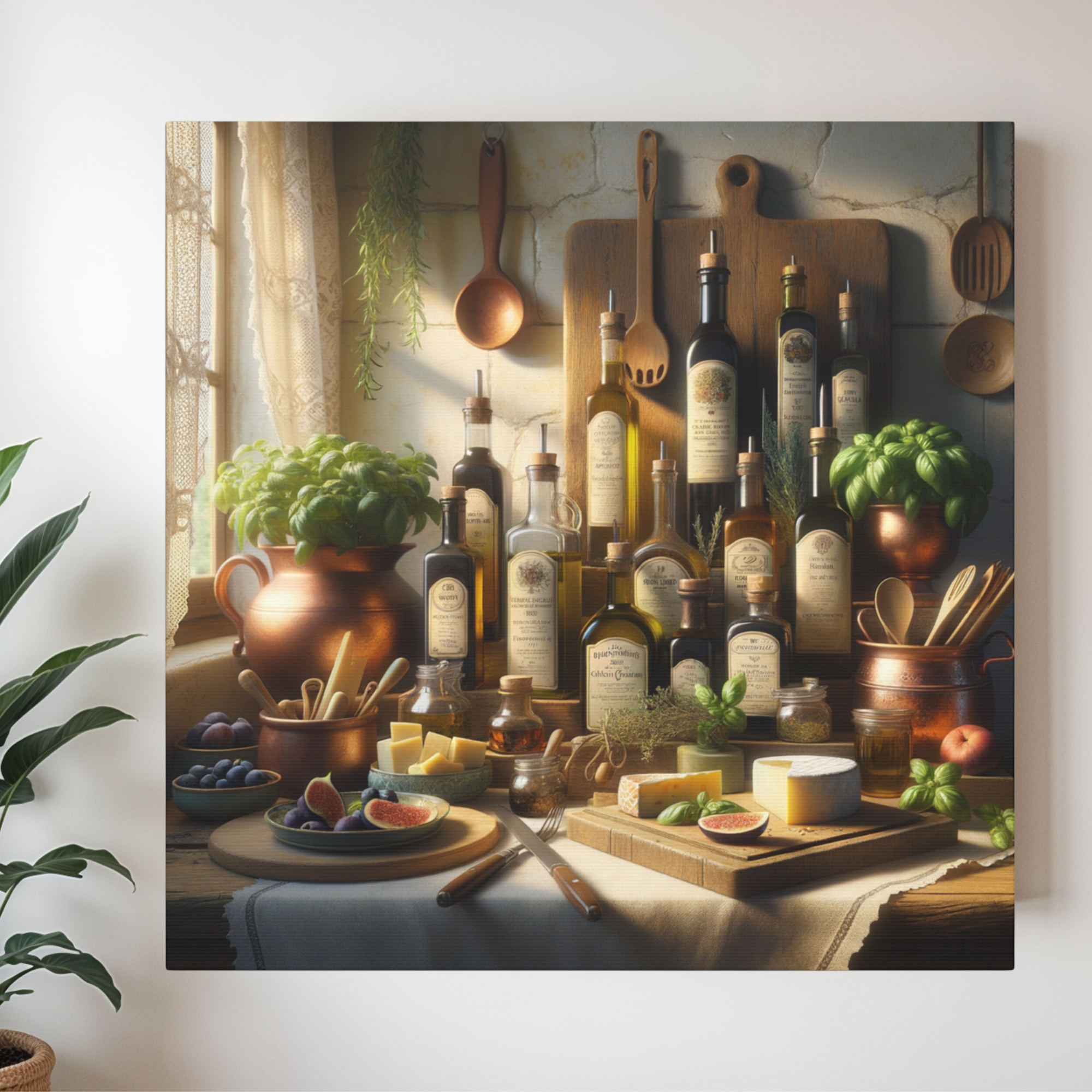 Rustic Kitchen Oils and Herbs Still Life – Vintage Culinary Wall Art