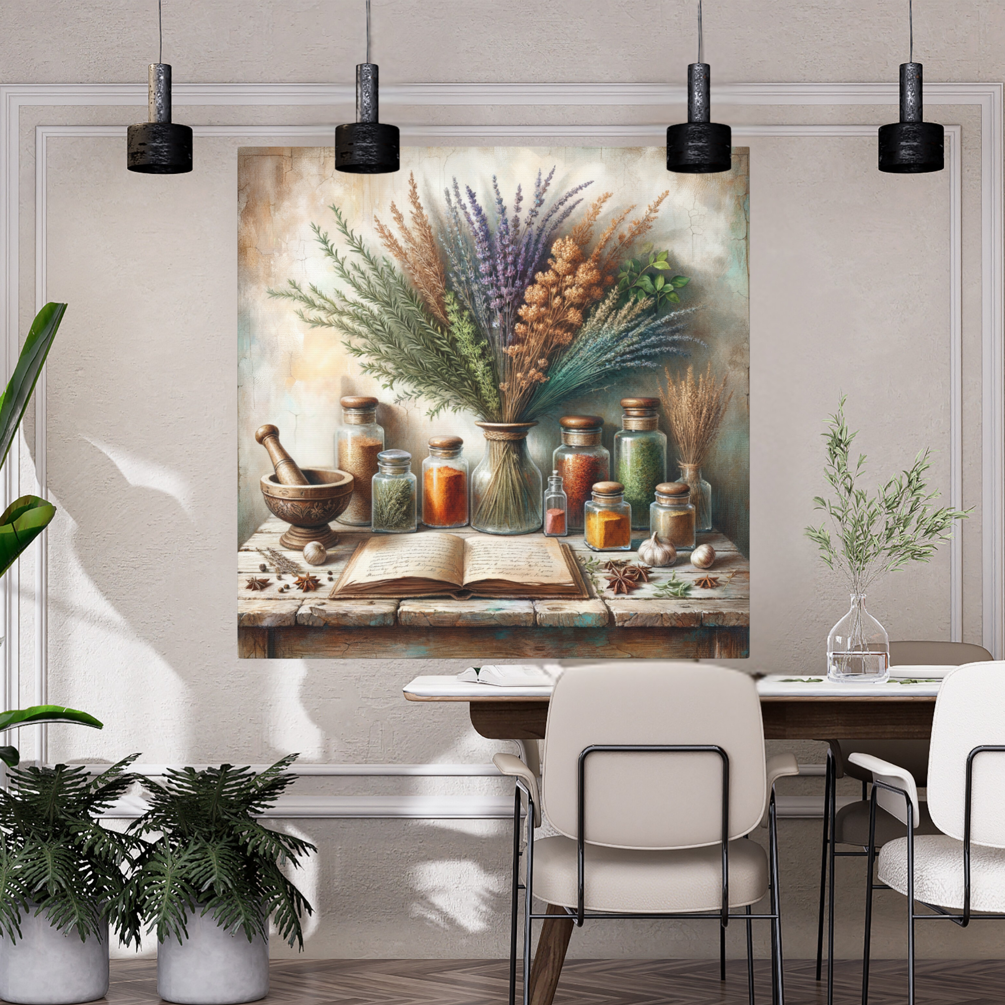Rustic Herb Apothecary With Open Book – Vintage Kitchen Wall Art