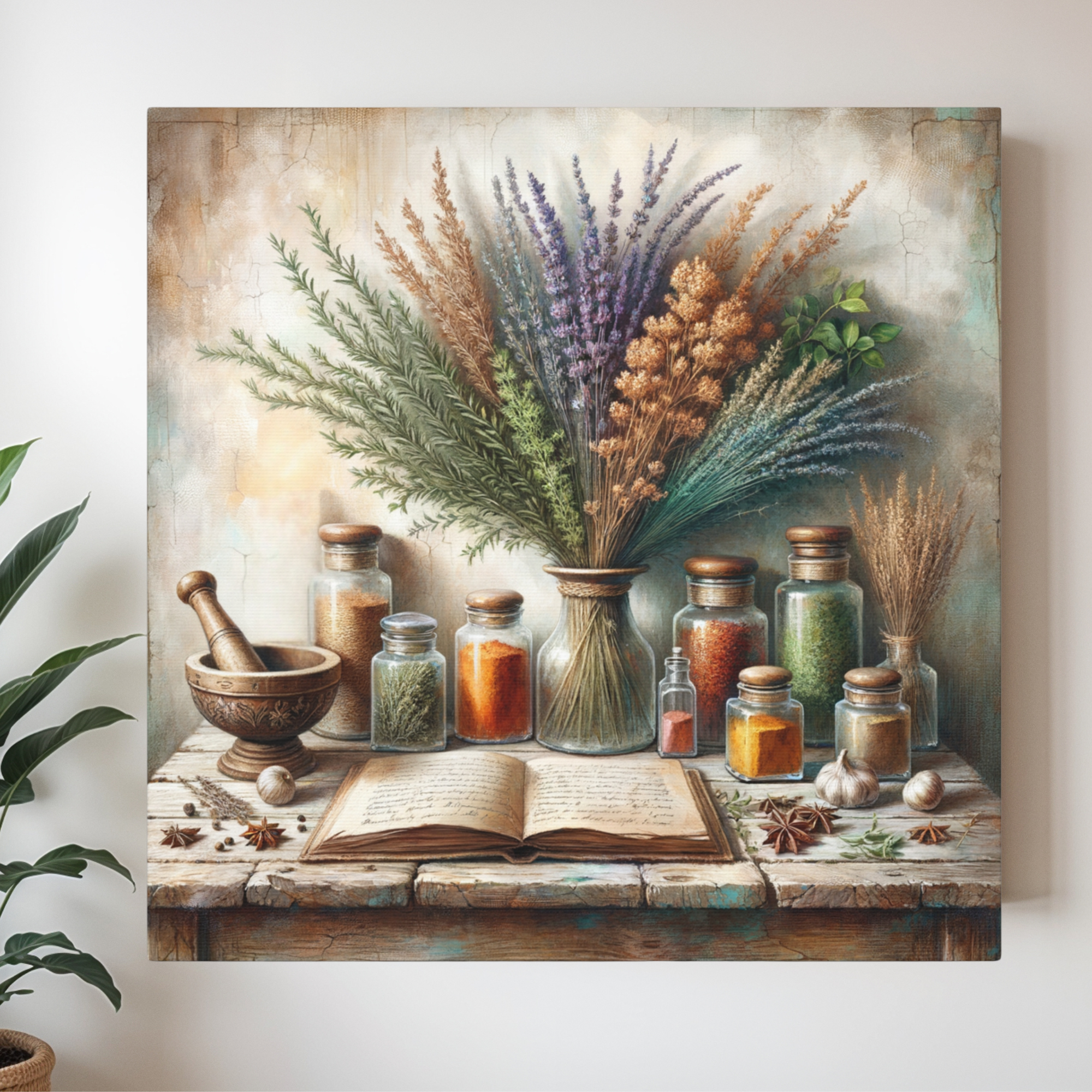 Rustic Herb Apothecary With Open Book – Vintage Kitchen Wall Art