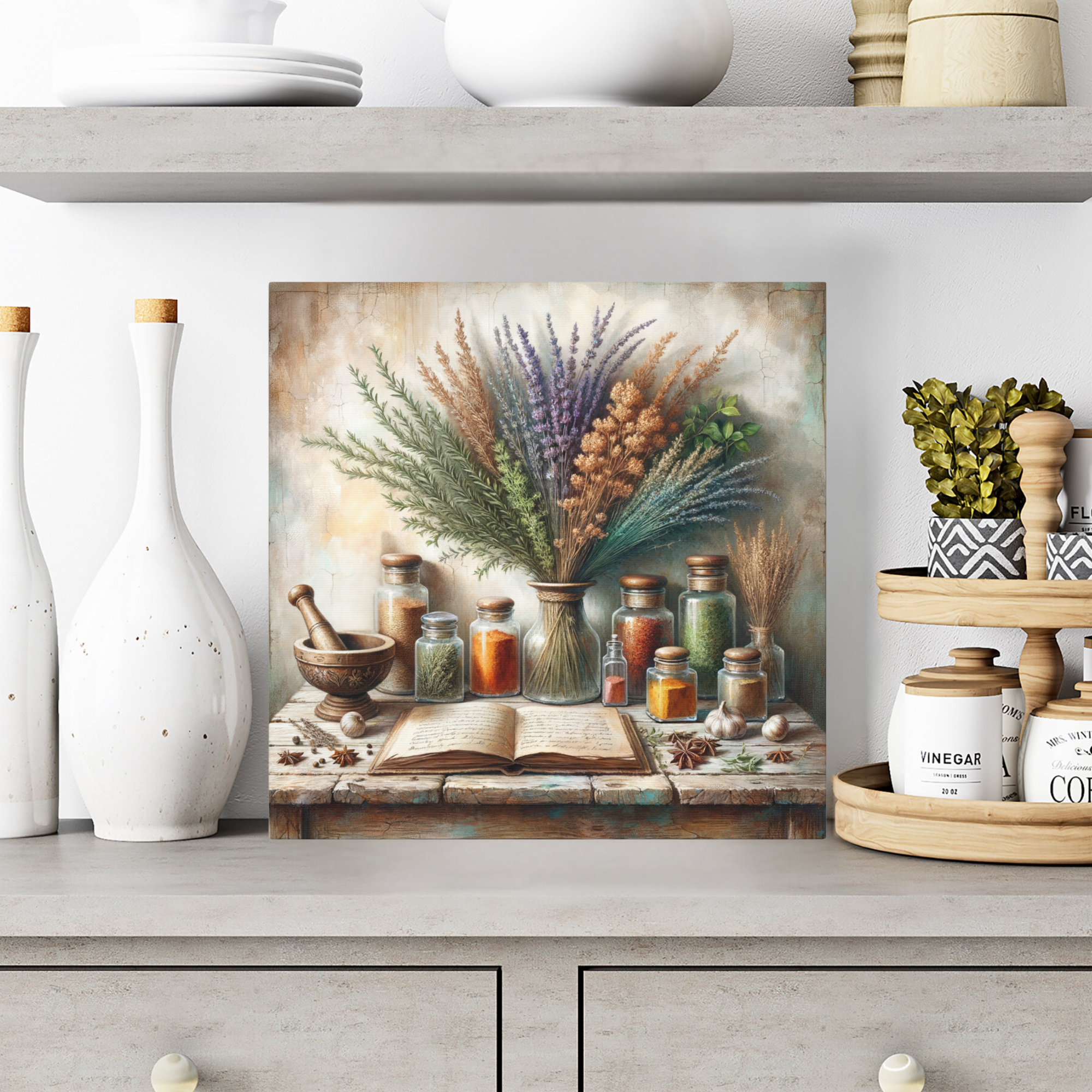Rustic Herb Apothecary With Open Book – Vintage Kitchen Wall Art