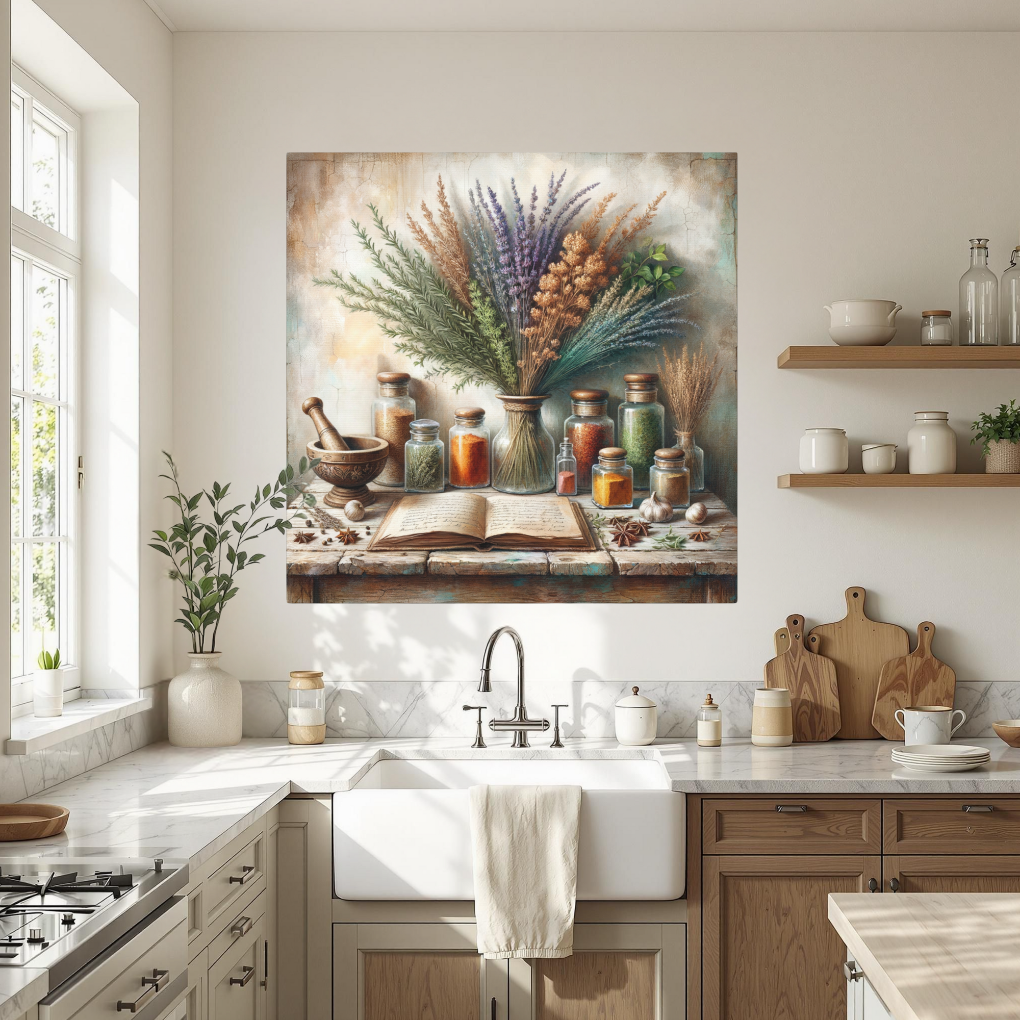 Rustic Herb Apothecary With Open Book – Vintage Kitchen Wall Art