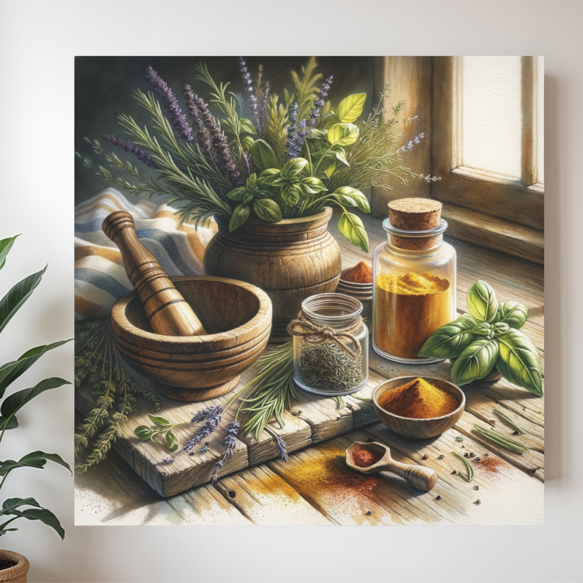 Sunlit Kitchen Herbs With Rustic Spices – Cottagecore Farmhouse Wall Art