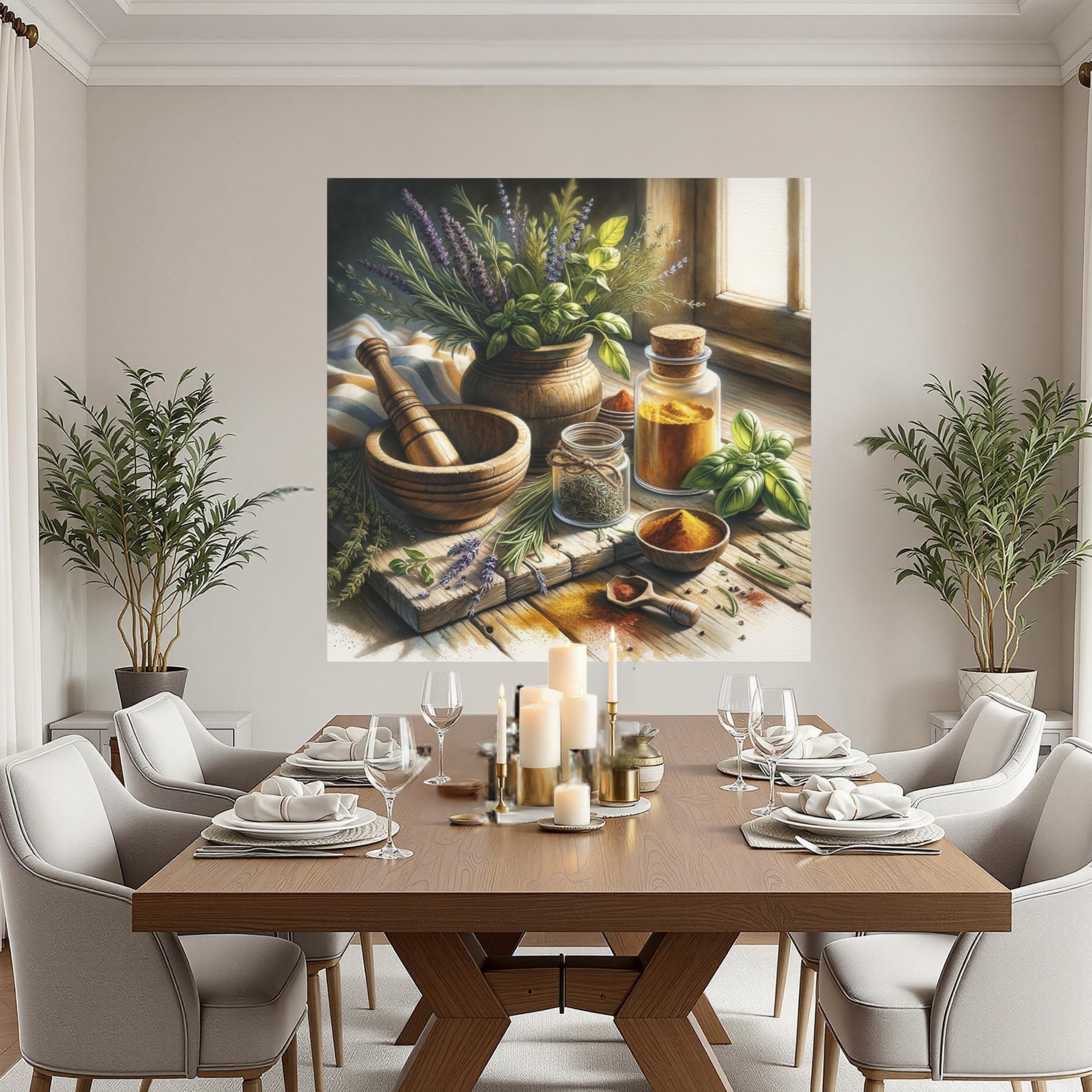 Sunlit Kitchen Herbs With Rustic Spices – Cottagecore Farmhouse Wall Art