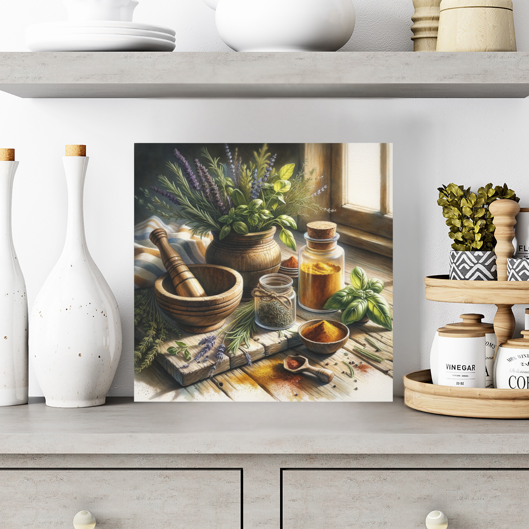 Sunlit Kitchen Herbs With Rustic Spices – Cottagecore Farmhouse Wall Art