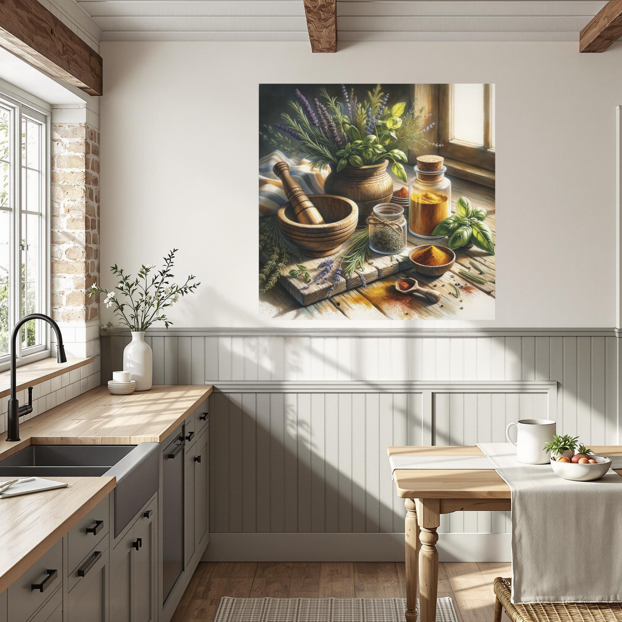 Sunlit Kitchen Herbs With Rustic Spices – Cottagecore Farmhouse Wall Art
