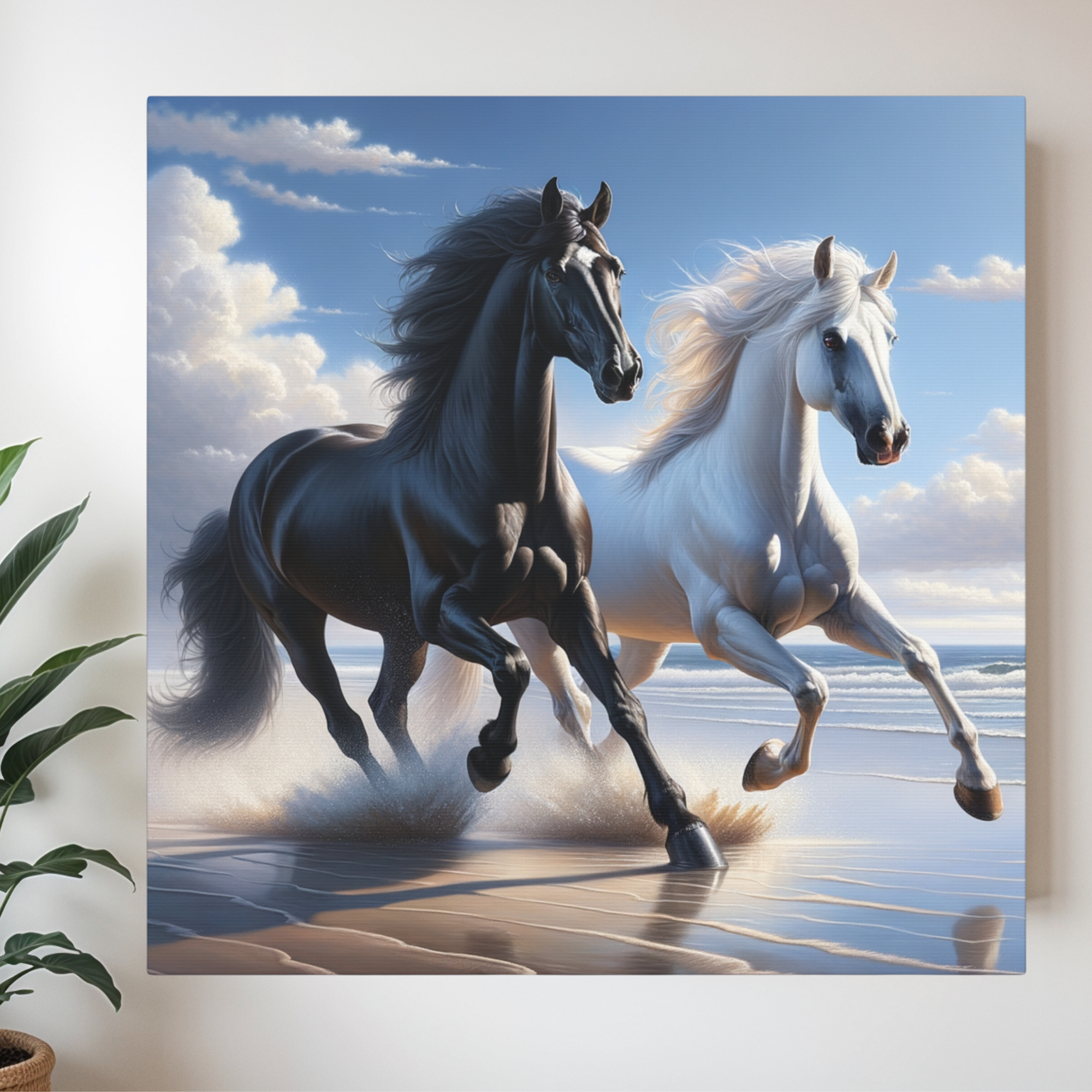 Black and White Horses Running on Beach – Majestic Coastal Wall Art