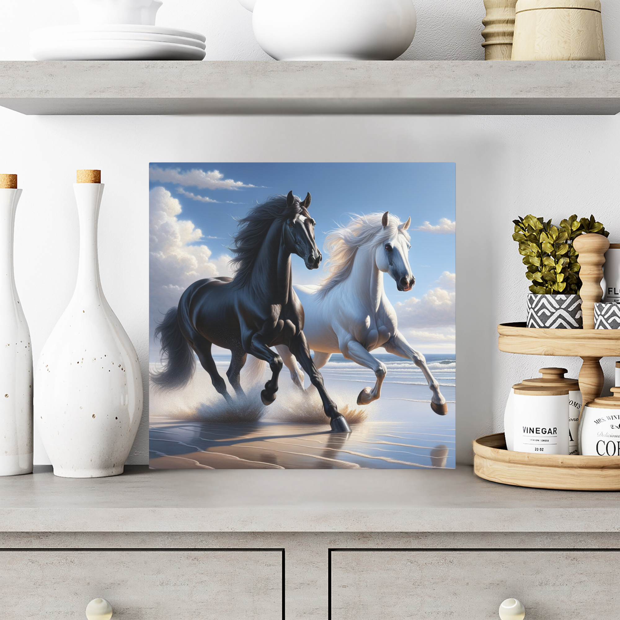 Black and White Horses Running on Beach – Majestic Coastal Wall Art