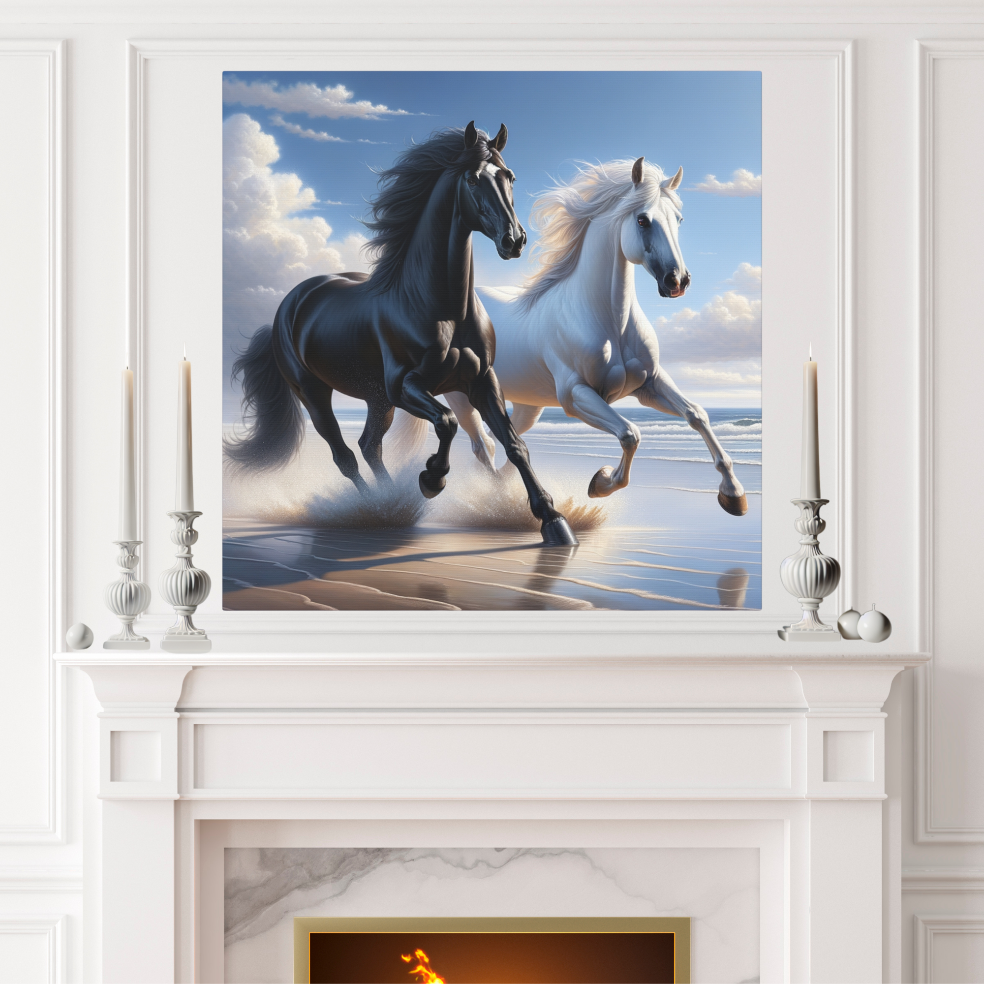Black and White Horses Running on Beach – Majestic Coastal Wall Art