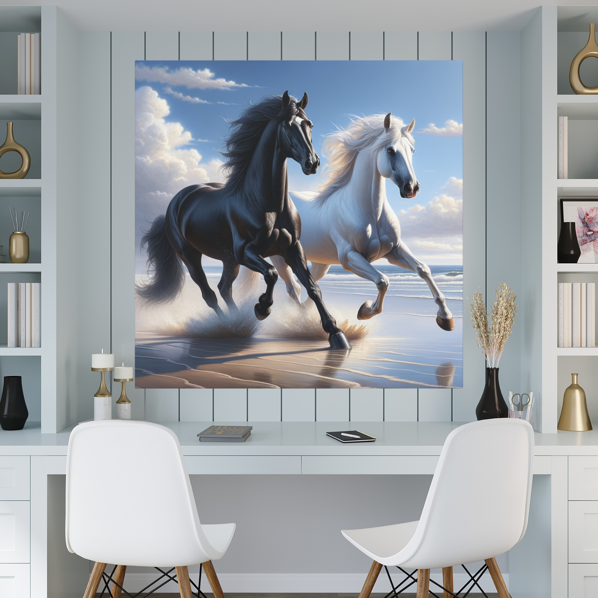 Black and White Horses Running on Beach – Majestic Coastal Wall Art