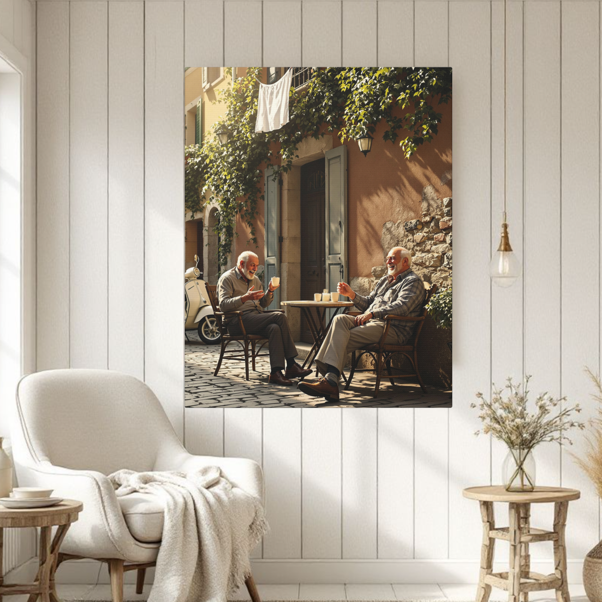 Old Friends Sharing Coffee in Italy – Vintage European Street Wall Art