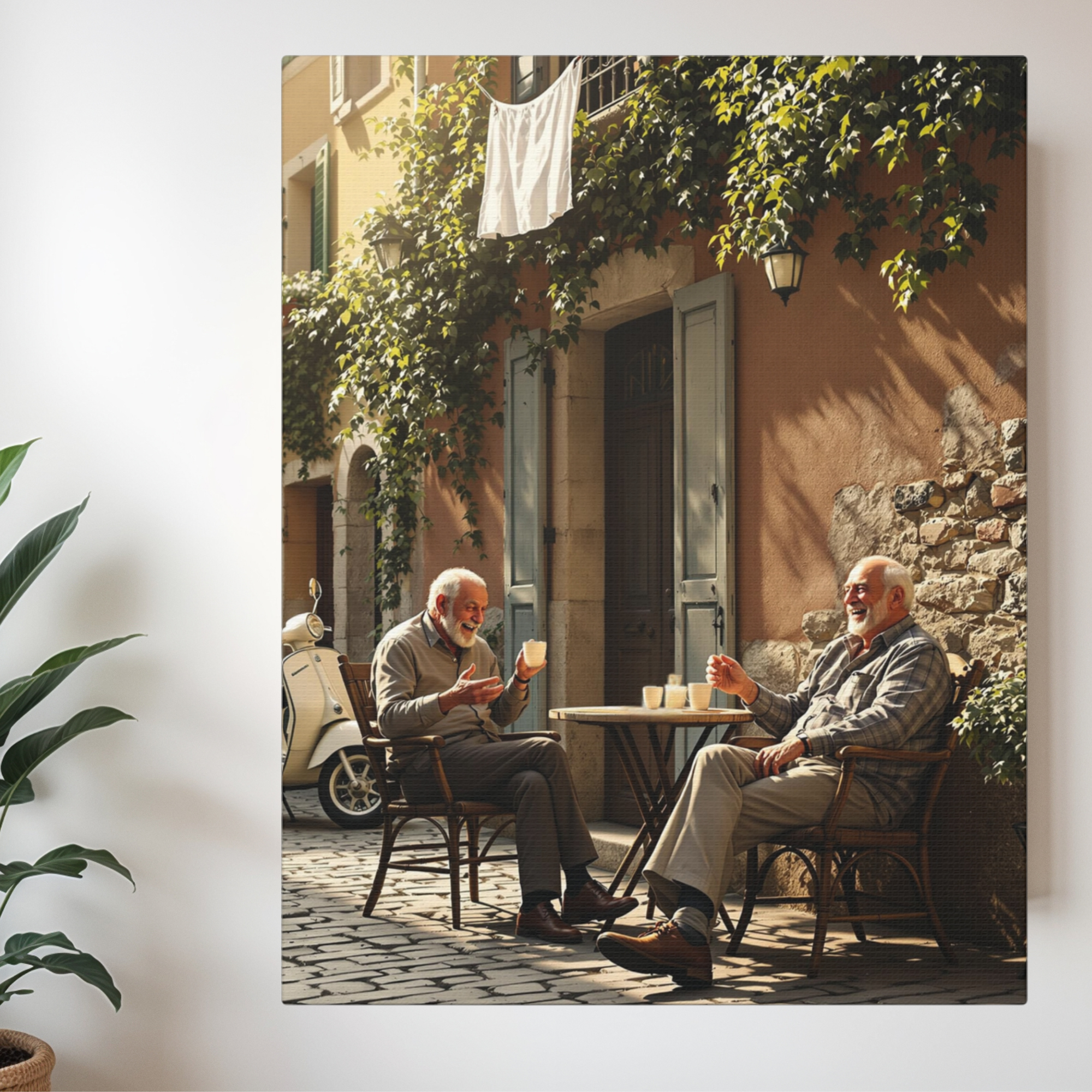 Old Friends Sharing Coffee in Italy – Vintage European Street Wall Art
