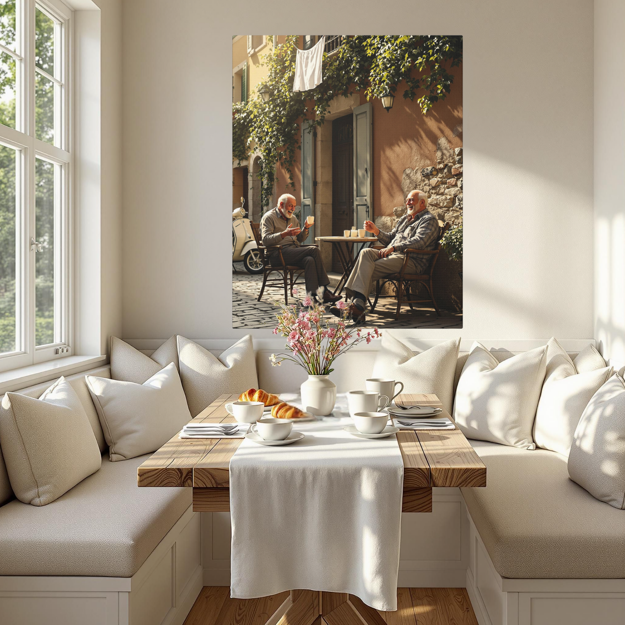 Old Friends Sharing Coffee in Italy – Vintage European Street Wall Art