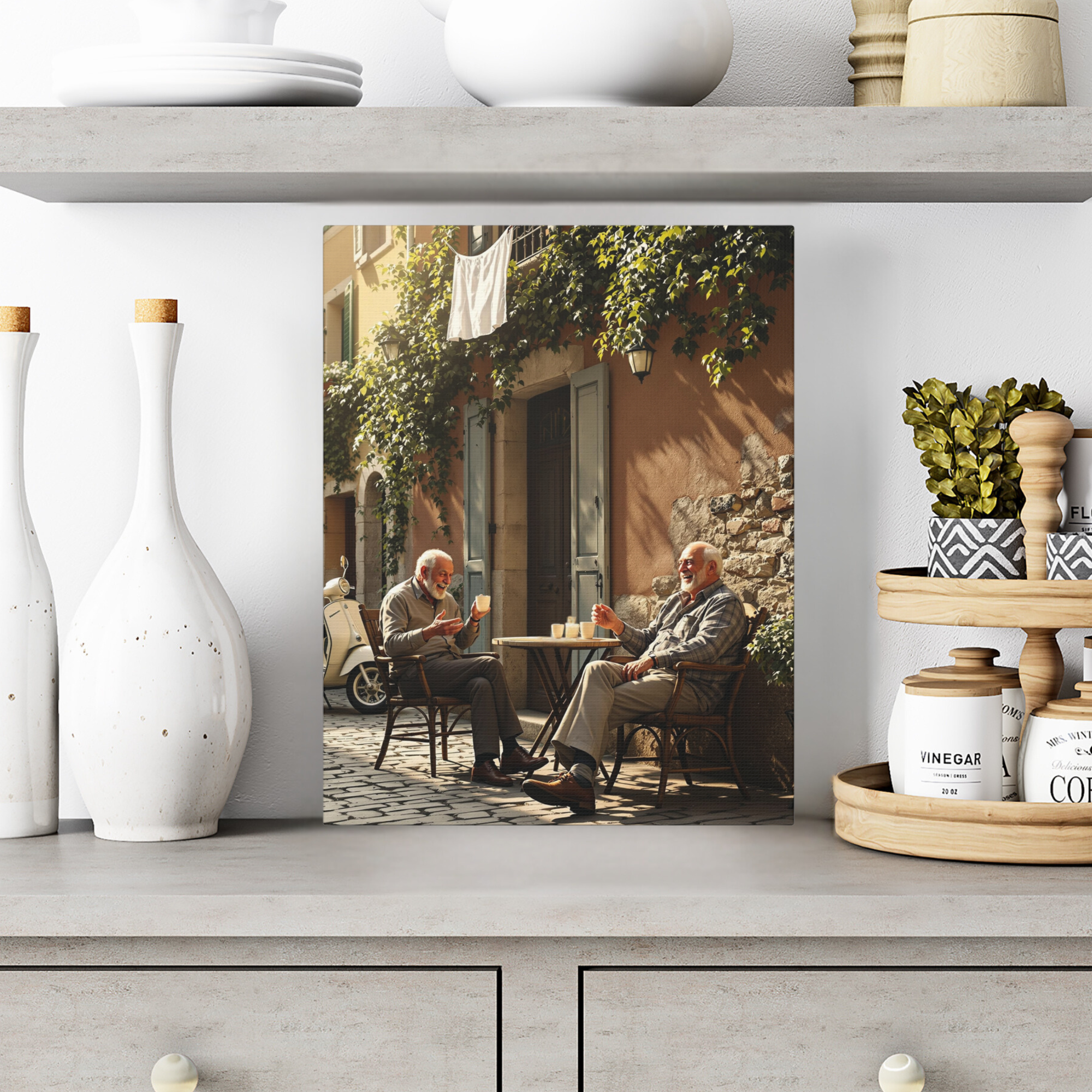 Old Friends Sharing Coffee in Italy – Vintage European Street Wall Art