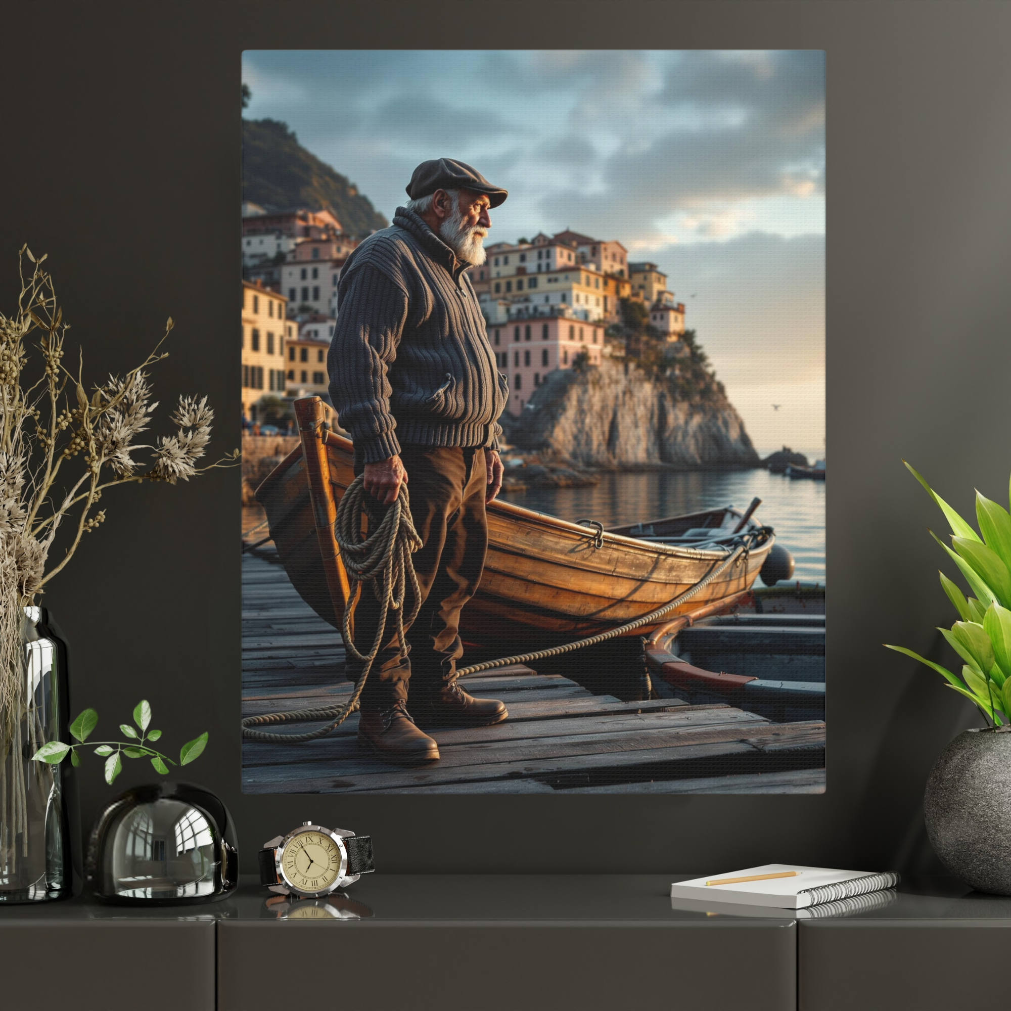 Old Italian Fisherman at Sunset – Coastal Village Wall Art