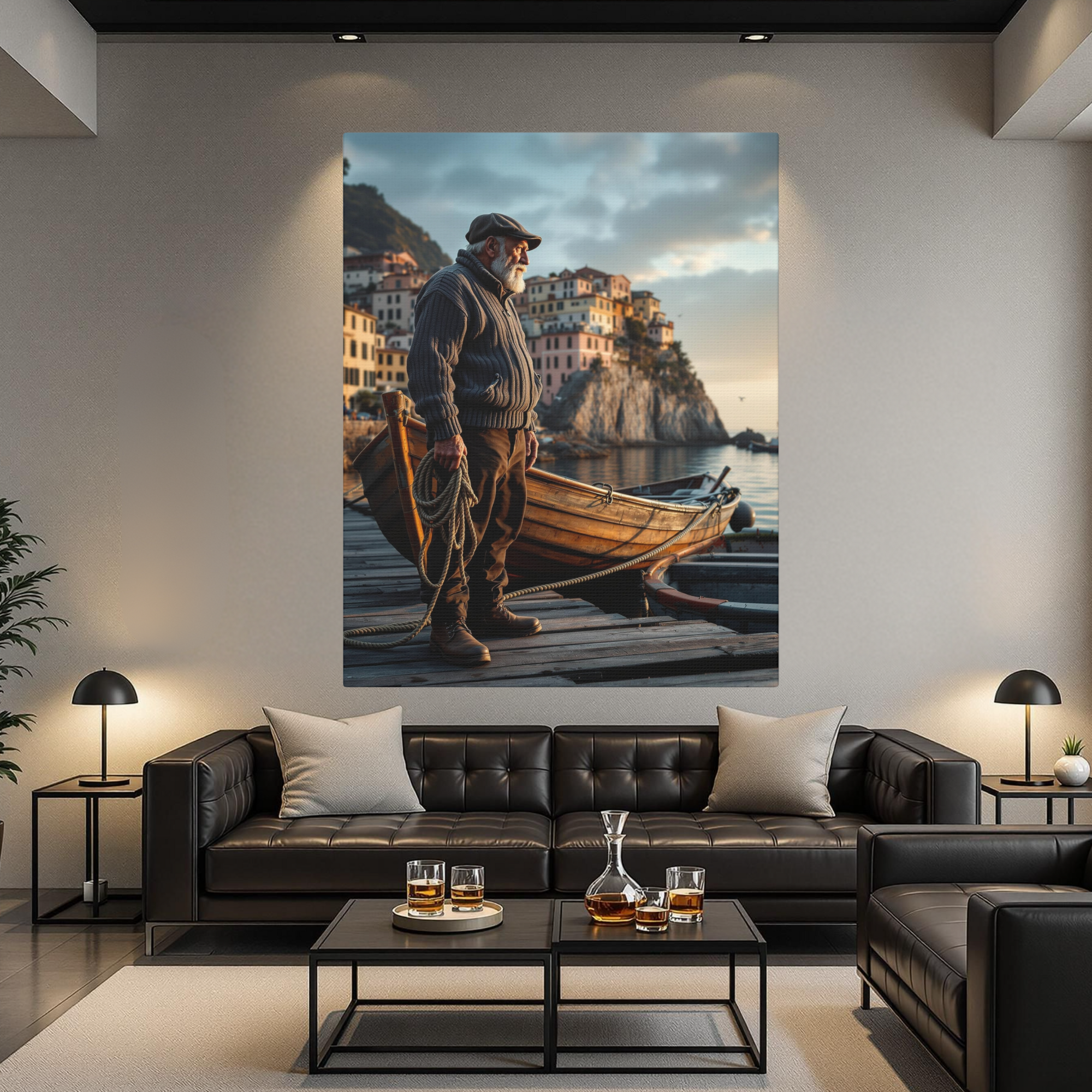 Old Italian Fisherman at Sunset – Coastal Village Wall Art
