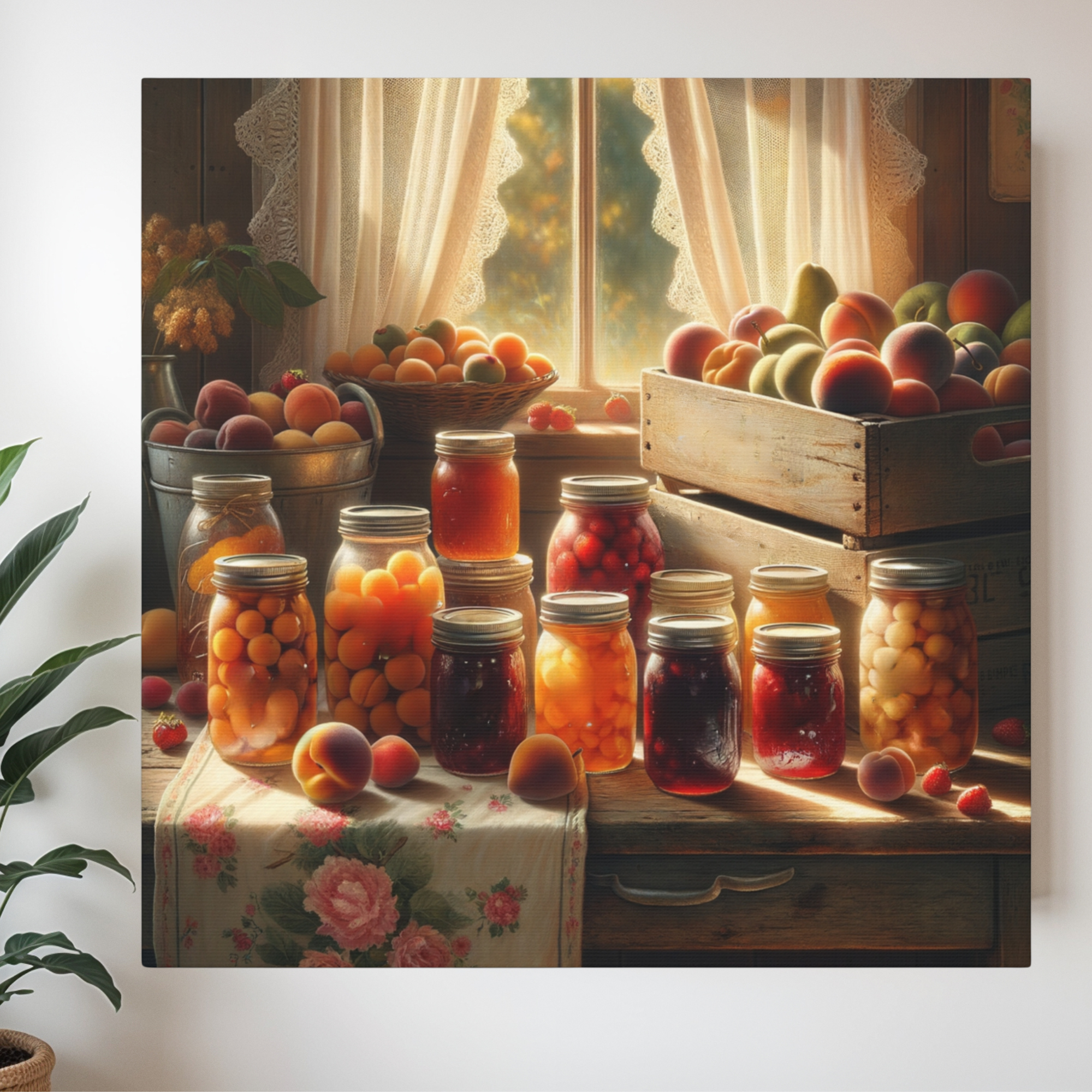 Canned Fruit and Peaches in Sunlit Kitchen – Vintage Farmhouse Wall Art