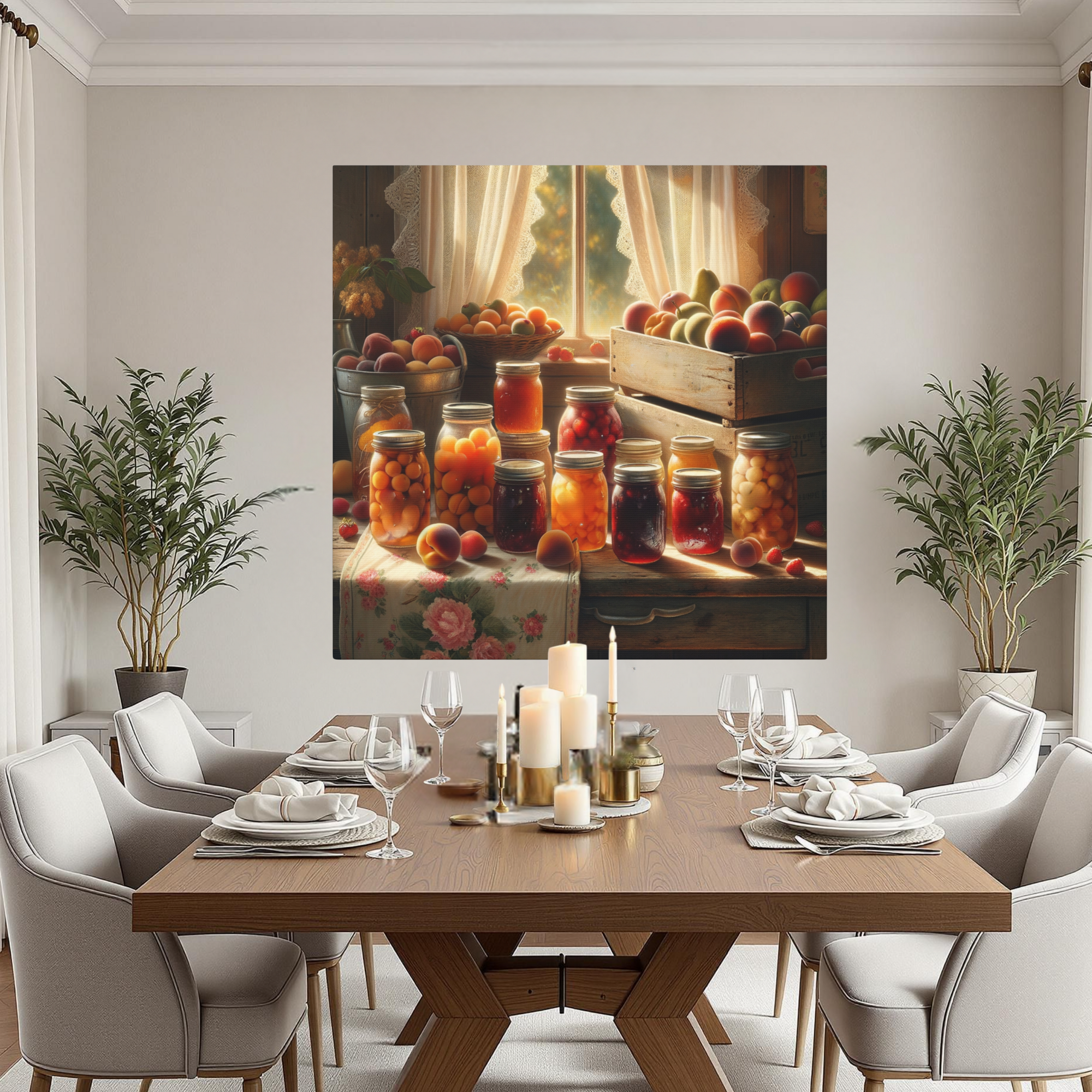 Canned Fruit and Peaches in Sunlit Kitchen – Vintage Farmhouse Wall Art