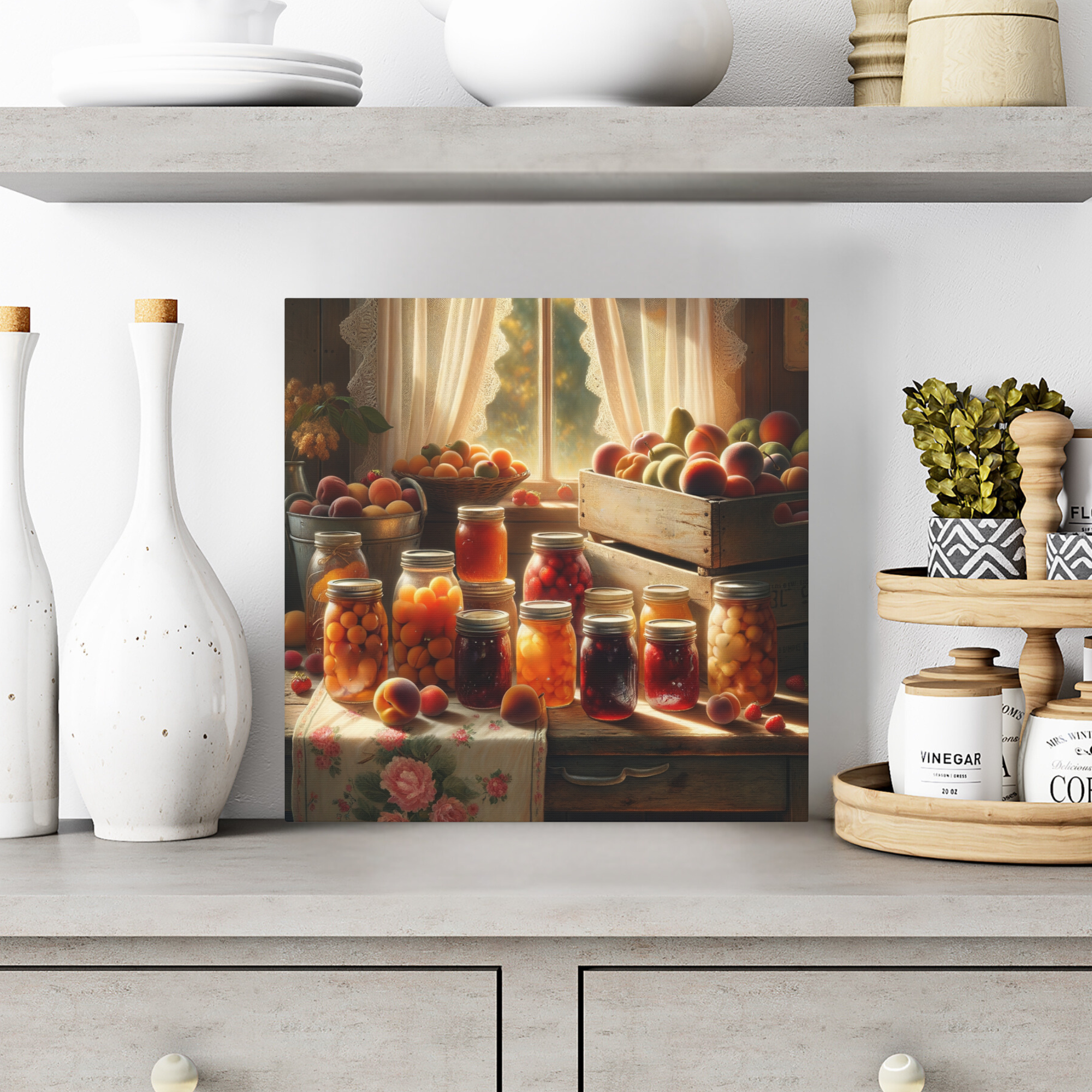 Canned Fruit and Peaches in Sunlit Kitchen – Vintage Farmhouse Wall Art