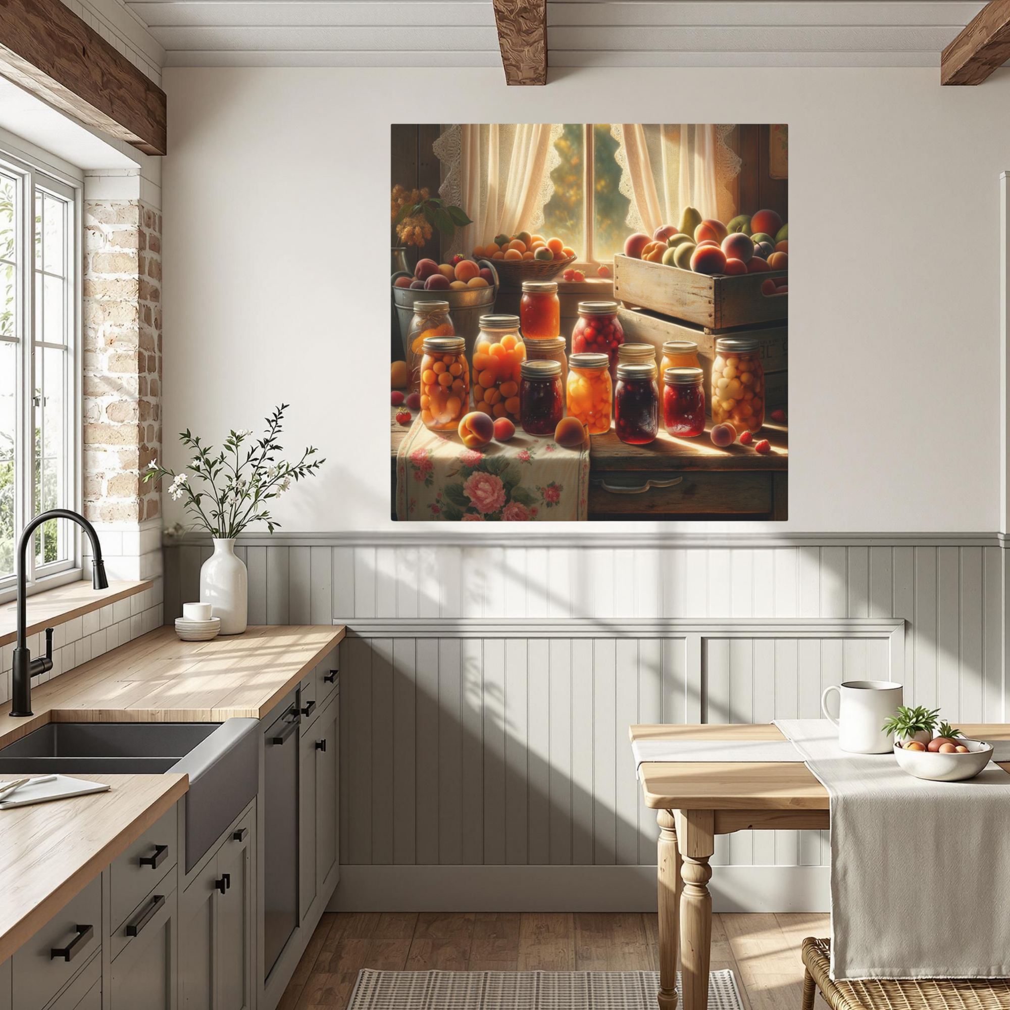 Canned Fruit and Peaches in Sunlit Kitchen – Vintage Farmhouse Wall Art