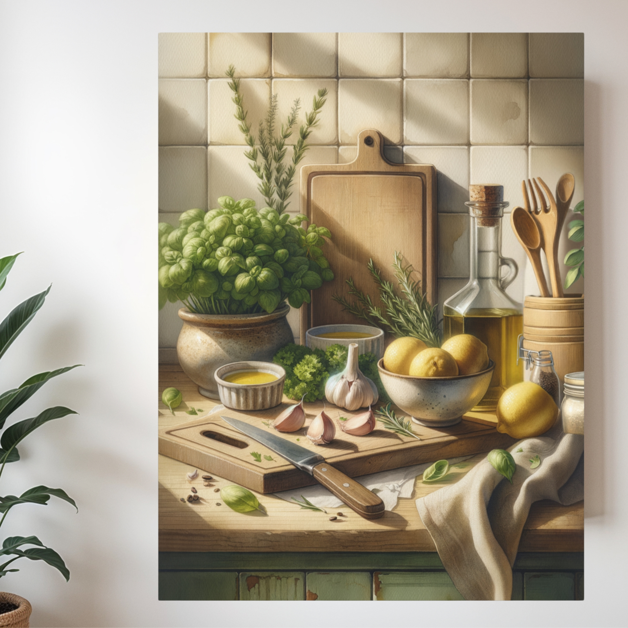 Lemons and Olive Oil on Rustic Counter – Farmhouse Kitchen Wall Art